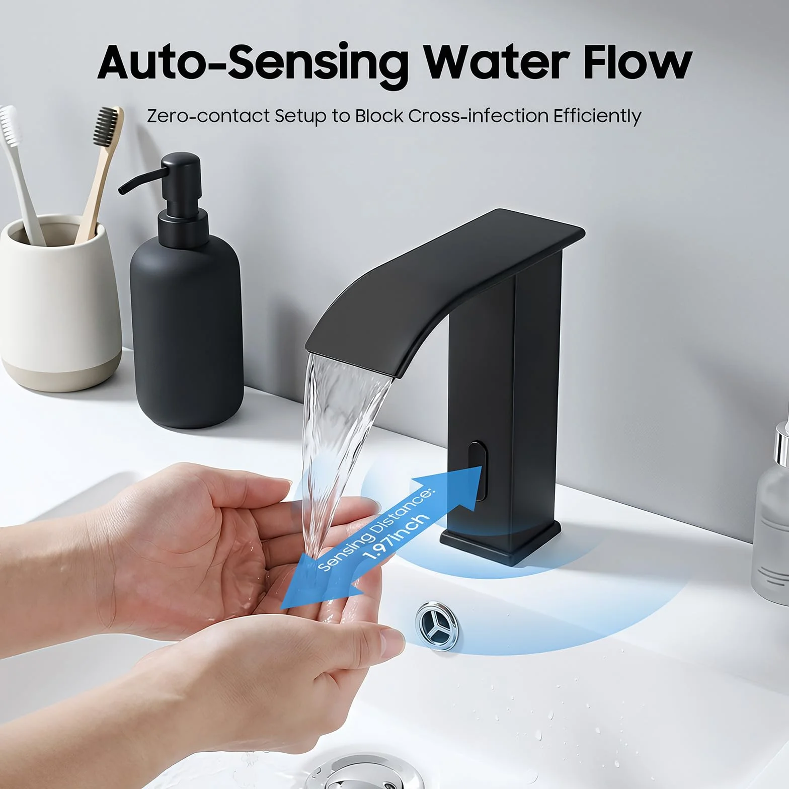 Grifo con sensor infrarrojo | Grifo de cocina sin contacto con válvula de cerámica – Detección automática, acero inoxidable 304, rosca NPT1/2" (negro)