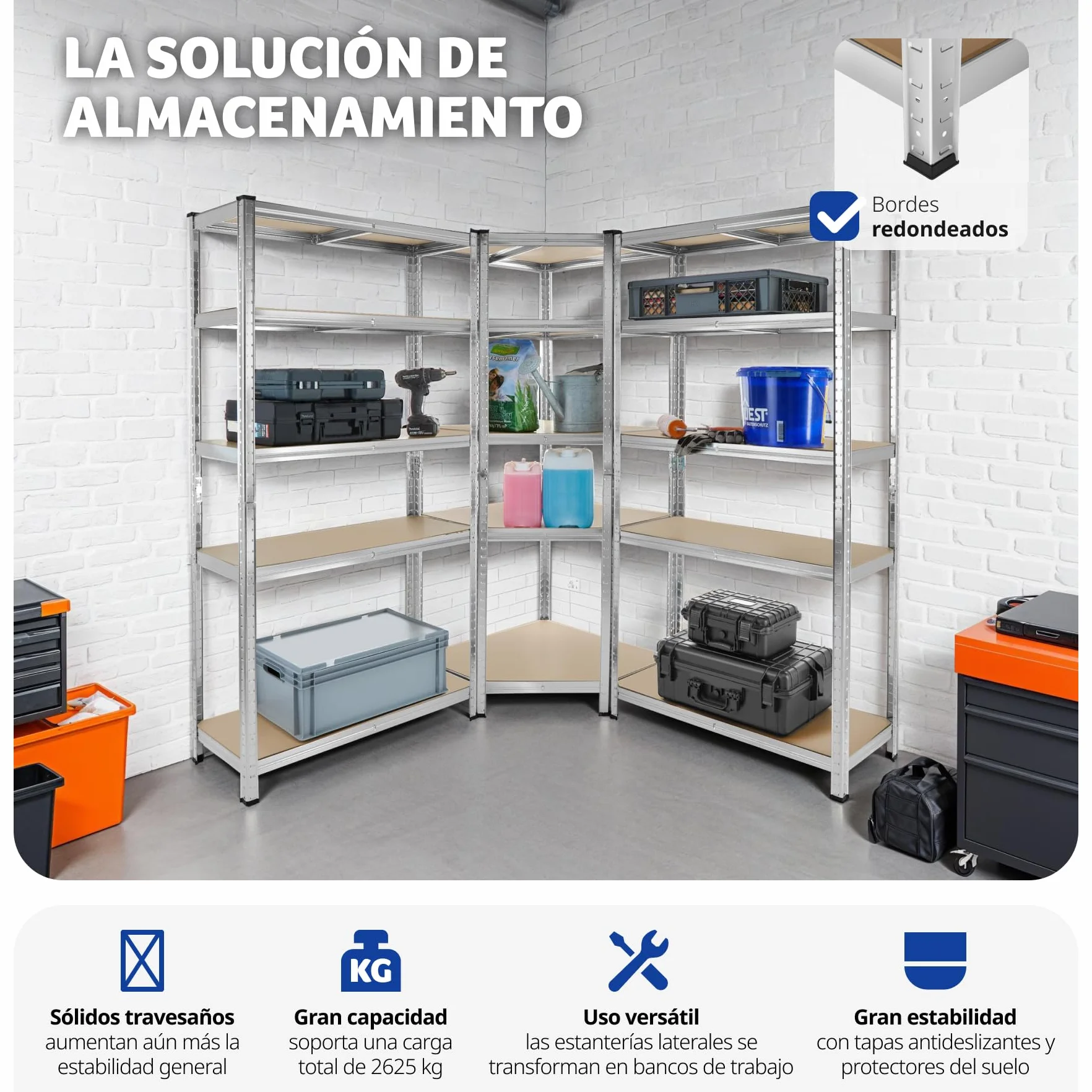 tectake® Estantería para Cargas Pesadas, 3 Partes, 15 Estantes, Estructura de Acero Galvanizado, Capacidad de Carga 2625 kg, Ajustable en Altura, Convertible en Bancos de Trabajo, Bordes Redondeados