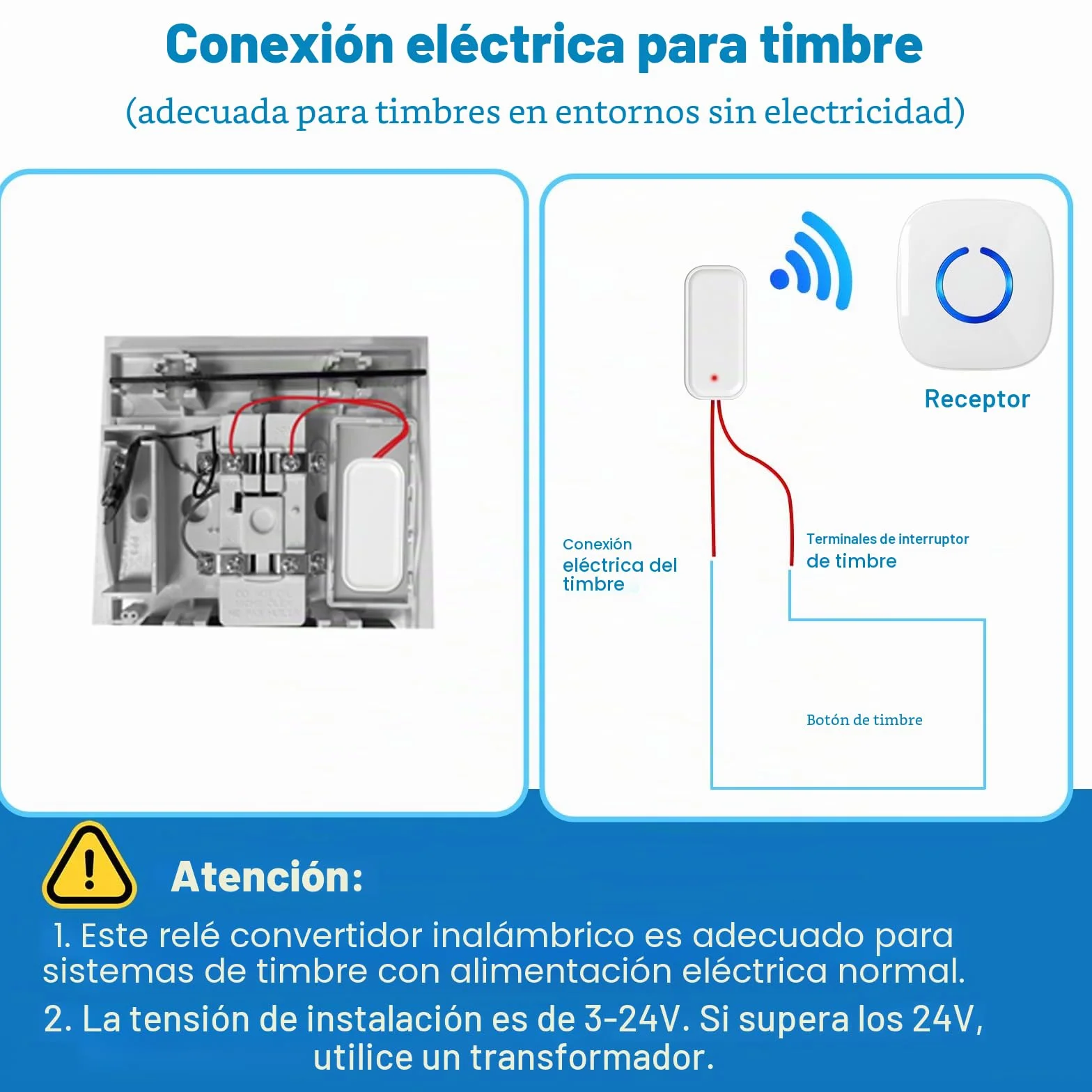 Repetidor de señal Inalámbrica, Extensión de Timbre Inalámbrico, Conjunto de Repetición de Gong Inalámbrico, Amplificador de Timbre para Timbres y Sistemas de existentes
