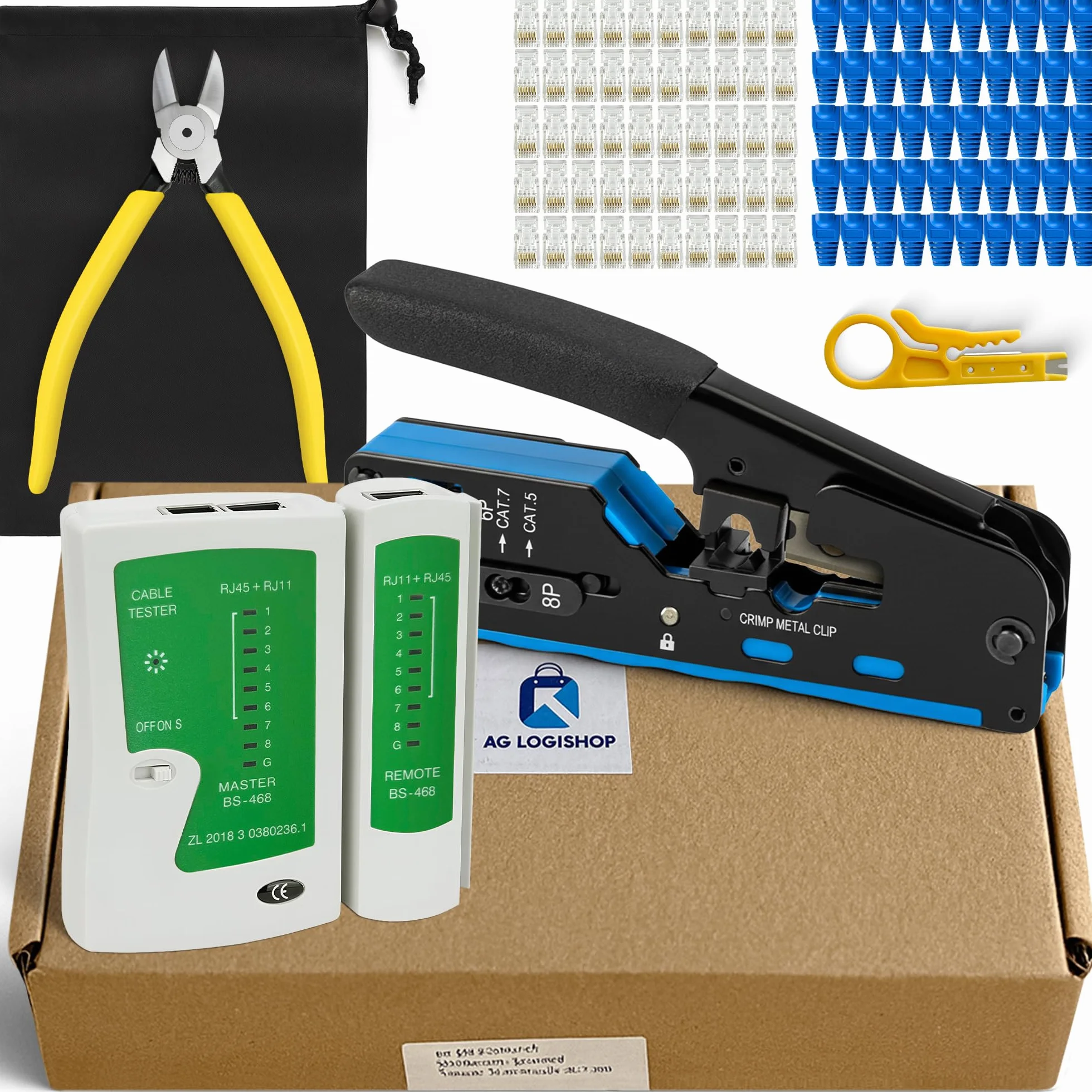 AG LogiShop Kit Herramienta de Crimpado RJ45 + Alicates + Pelacables + Comprobador de Conexión + 50pc Conectores + 50pc Fundas + Bolsa de Almacenamiento | Cat5/5e/6/7 + 6P/8P