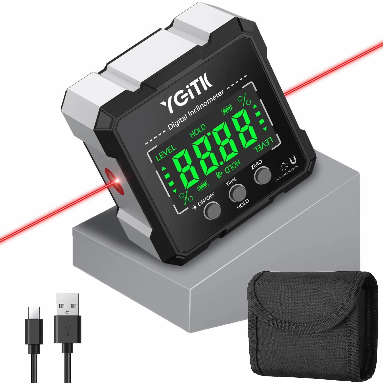 Inclinómetro Digital 4x90° Buscador de Ángulo, Caja Biseladora, Impermeable IP54 con Pantalla LCD, Interfaz Tipo-C 340 mAh Recargable para Carpintería, Construcción, Decoración, Bricolaje-Blanco