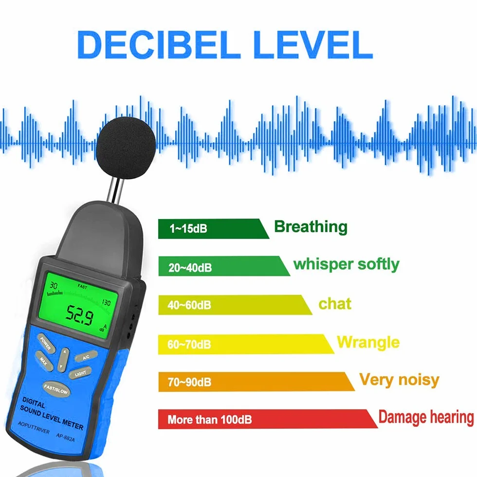Medidor de nivel de sonido digital AP-882A 30~130dBA Decibelímetro con pantalla LCD