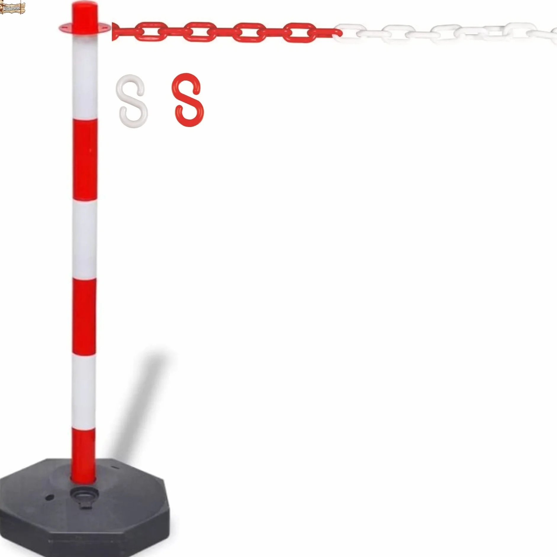 BricoLoco.com Poste señalización y balizamiento para cadena. FLUORESCENTE. Pack 8 uds. ¡¡¡ CADENA PLÁSTICO INCLUIDA !!!. Baliza poste separador de filas para eventos. Rojo y blanco de 87 cms. (8)