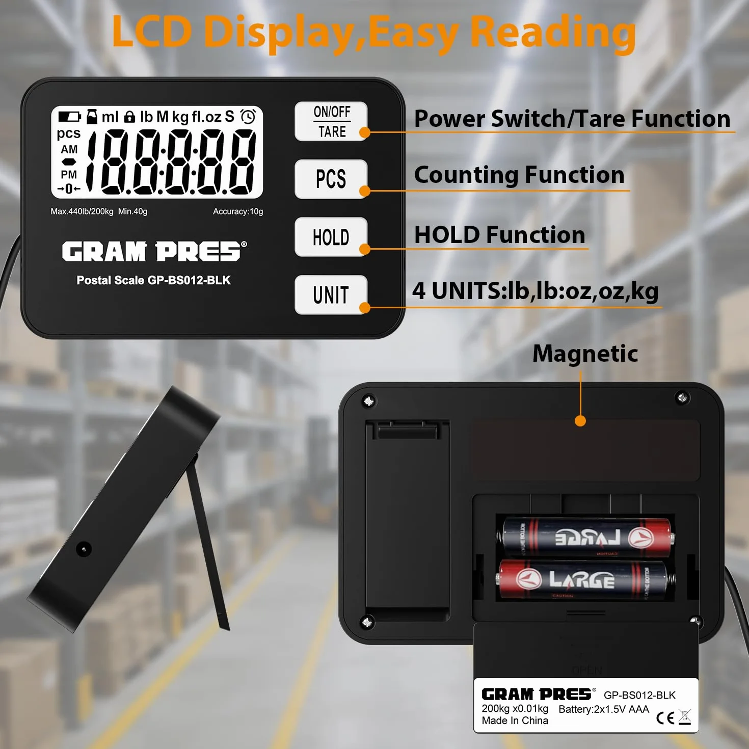 GRAM PRES Báscula de envíos digital 200 kg/10 g pantalla LCD retención tara piezas batería USB