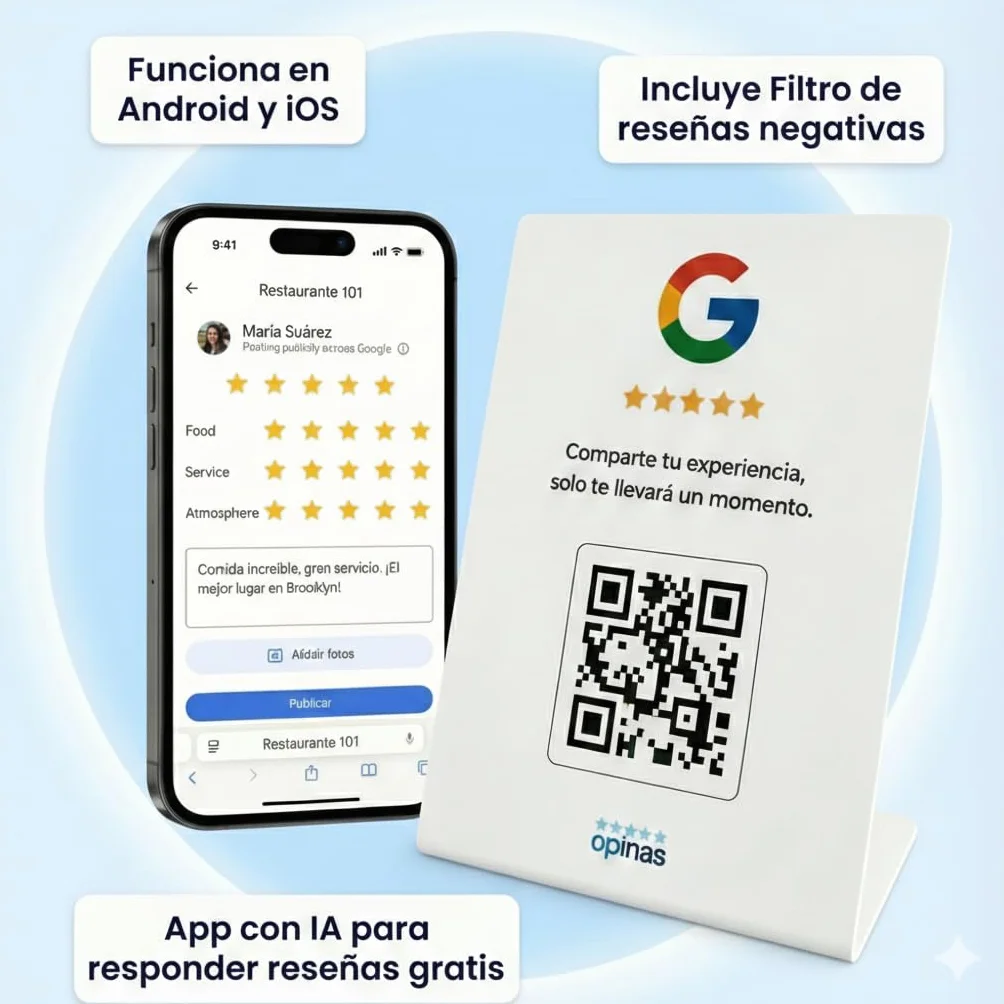 OPINAS Soporte QR Reseñas Google App IA Responder Reseñas Stand Cartel Opiniones