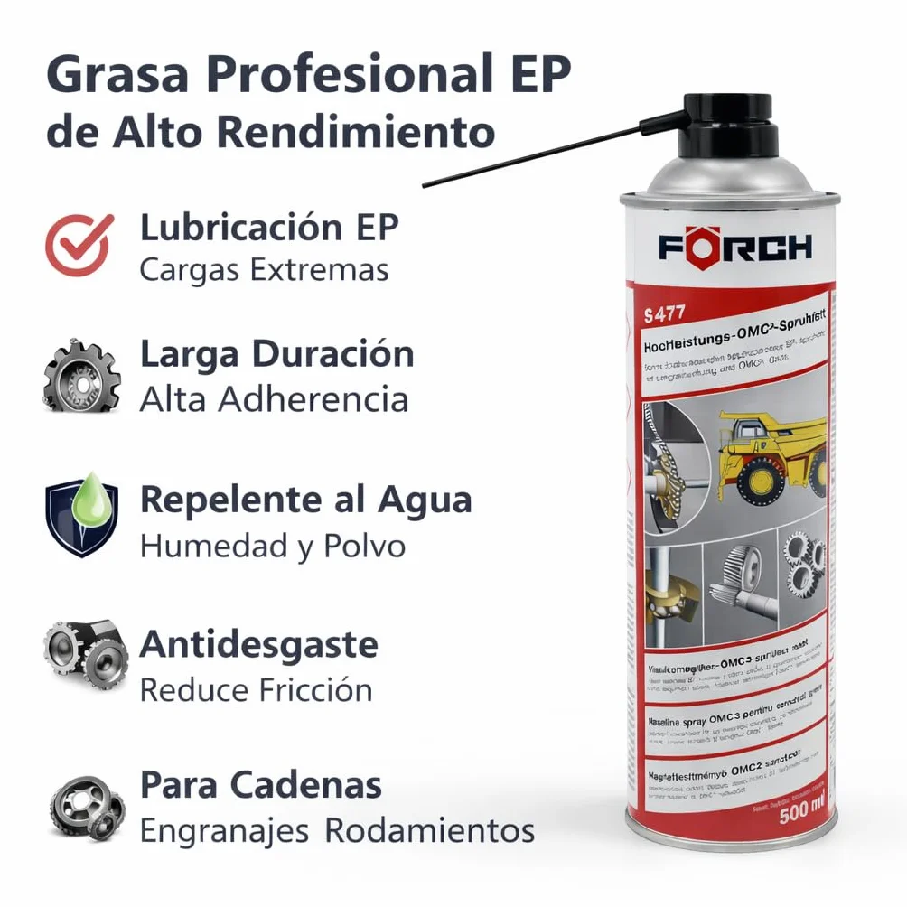FORCH Grasa Líquida en Spray 500 ml S477 – Lubricante Profesional de Alto Rendimiento para Cadenas, Engranajes y Rodamientos – Larga Duración, Resistente al Agua y Antidesgaste (1)