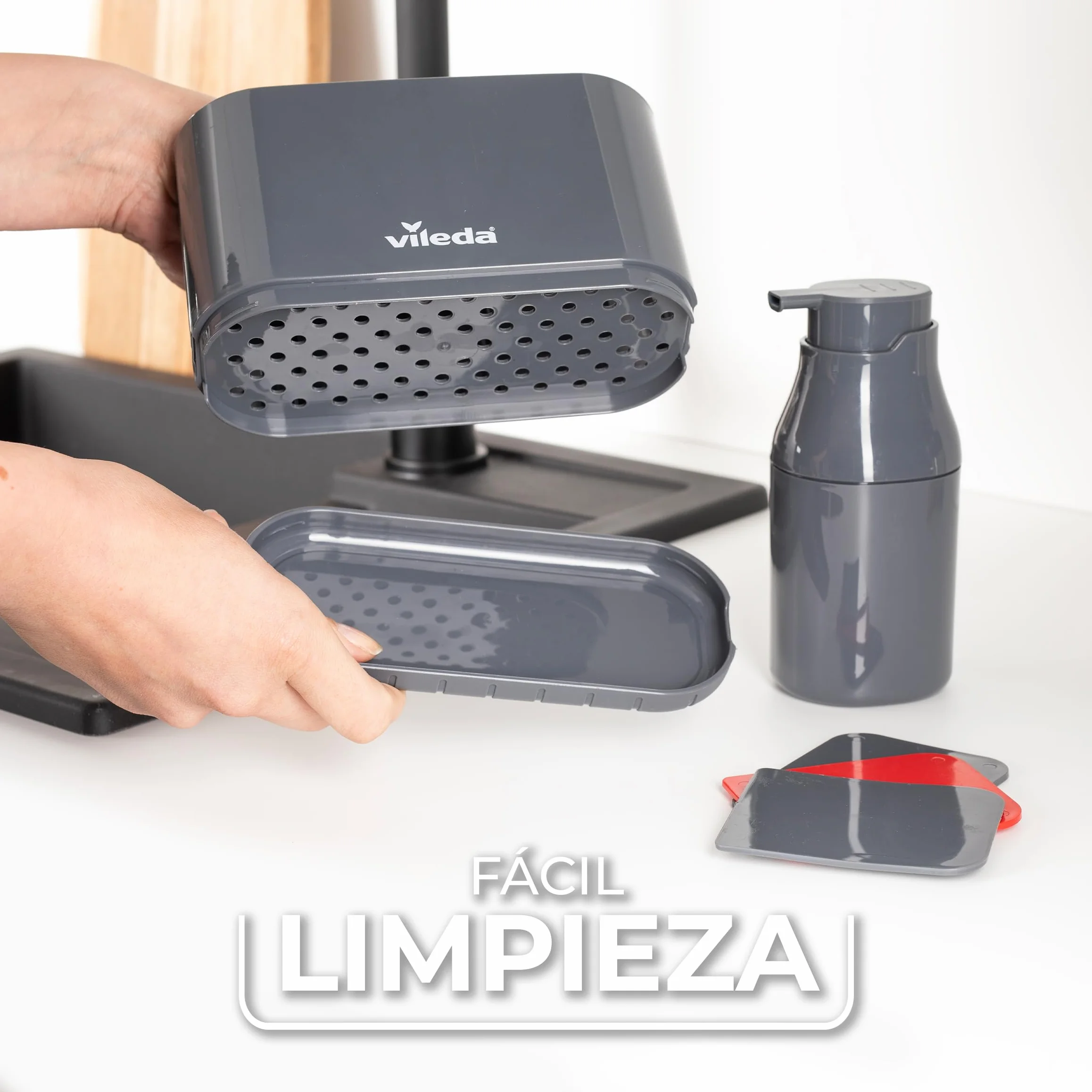 Vileda Organizador de Fregadero con Dispensador de Detergente - Soporte de pie para esponjas y cepillos con dosificador de jabón - Organizador de cocina de plástico con divisores ajustables