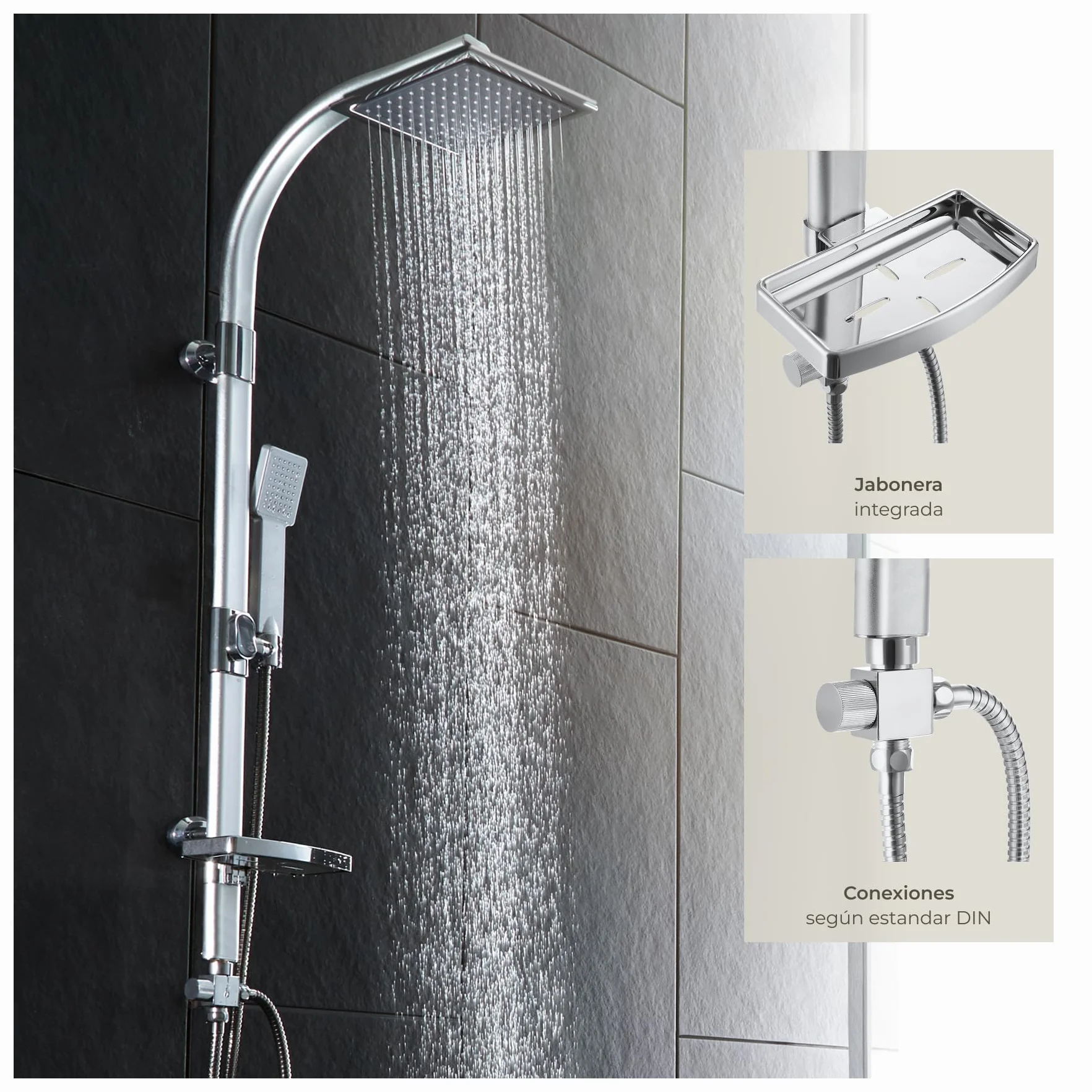 tectake® Conjunto de Ducha con Rociador de Hidromasaje de Aluminio con Grifo Ducha, Duchas de Baño con Alcachofa con Junta Esférica, Bandeja y Barra Regulable, Columna Hidromasaje - Gris