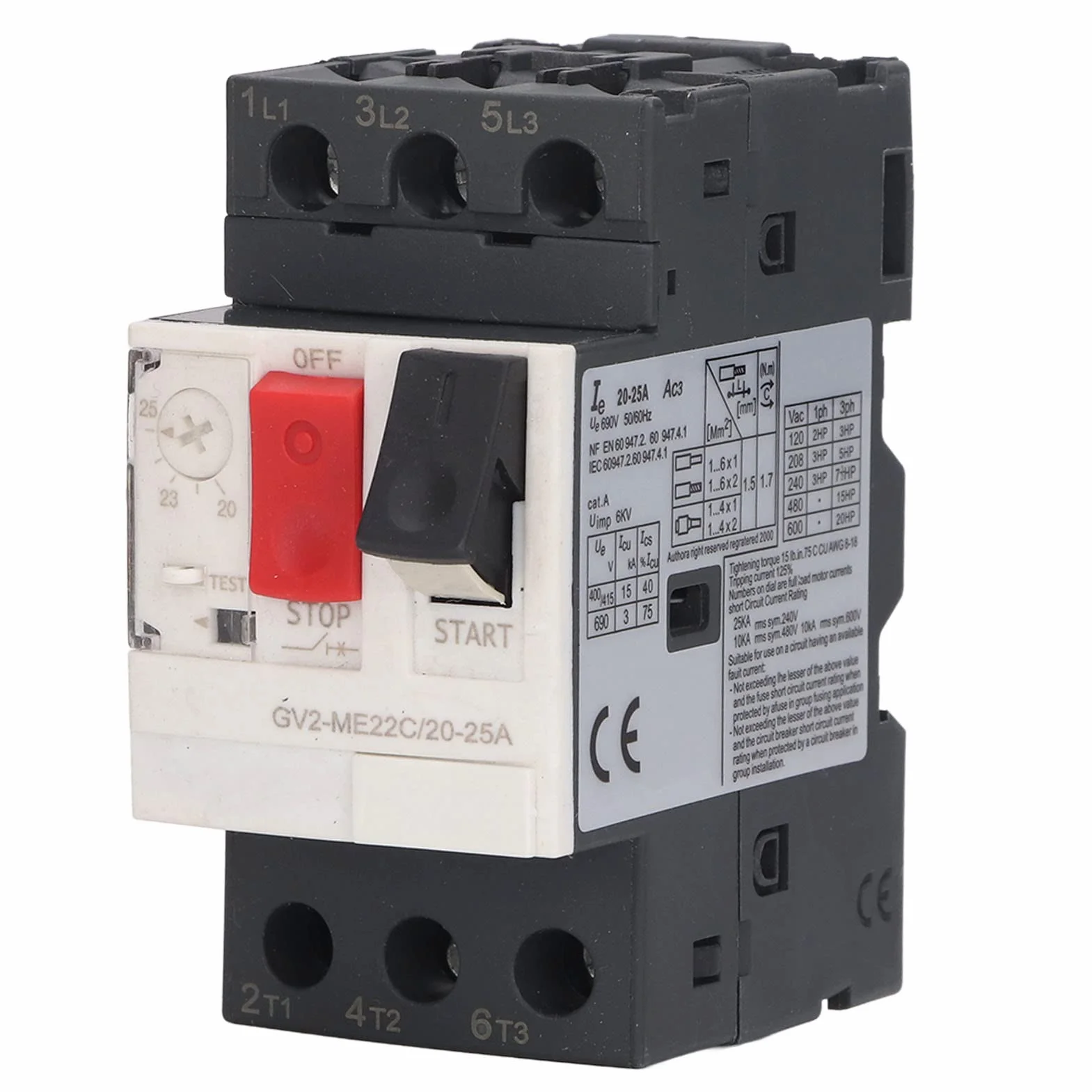 Interruptor de Disyuntor de 690 V CA Instalación de Riel de Guía de 35 Mm Disyuntor de Motor 3P con Interruptor de Protección contra Sobrecarga Botón de Arranque de Motor Manual (GV2-ME22C 20-25A)
