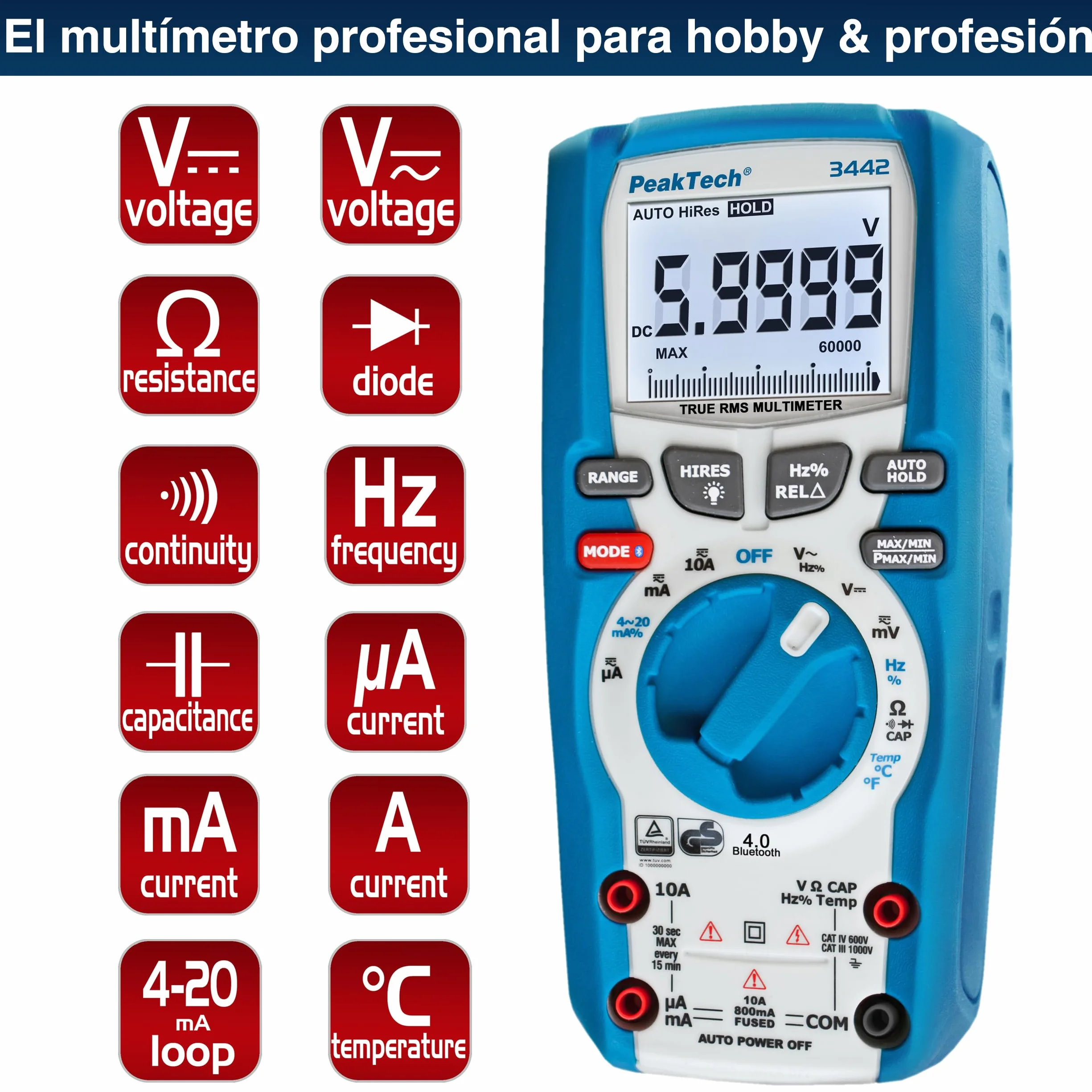 PeakTech 3442 - Multímetro Digital Rms con 60,000 Recuentos y Bluetooth 4.0, Multímetro Mano Profesional, Retención Automática, Tuv/Gs, Medidor Voltaje, Probador Continuidad - Cat III 1000V