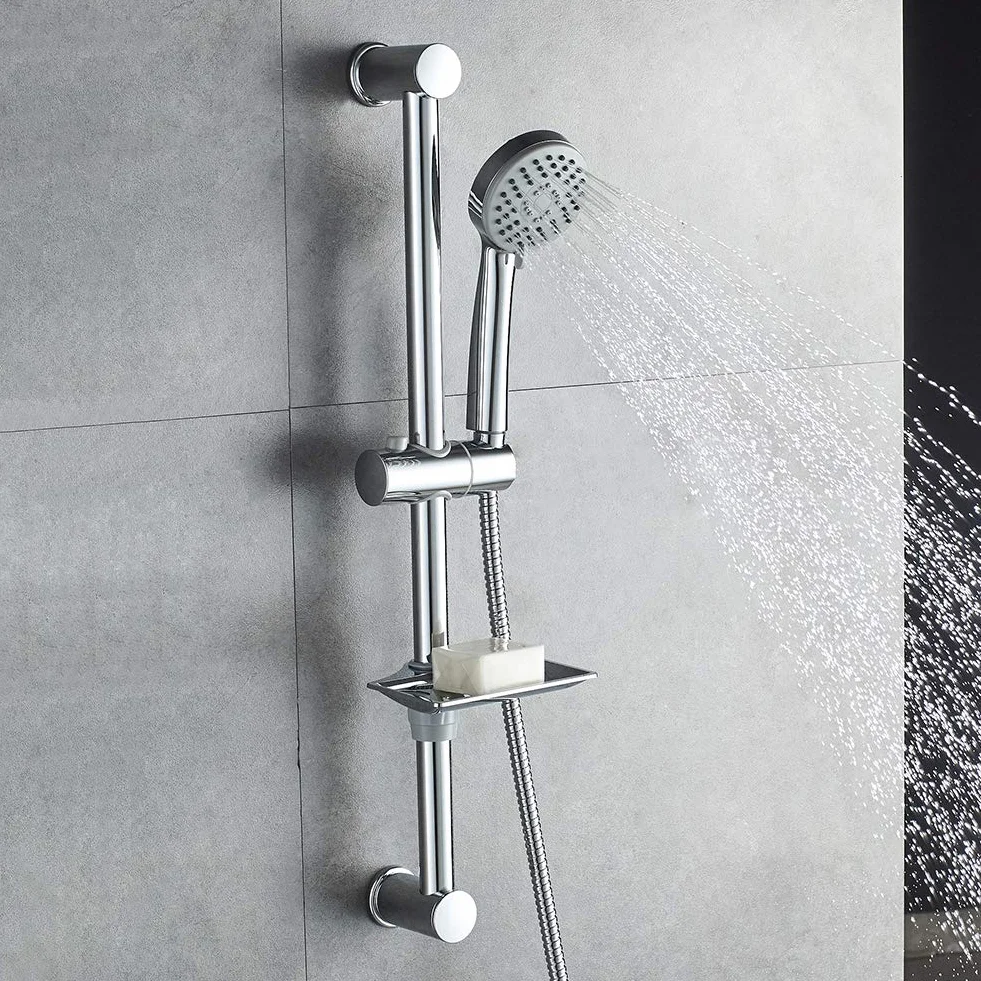 Ibergrif, M20903 Conjunto Soporte Ducha Pared, Barra Ducha con Jabonera, Manguera, Alcachofa, Soporte, Plata