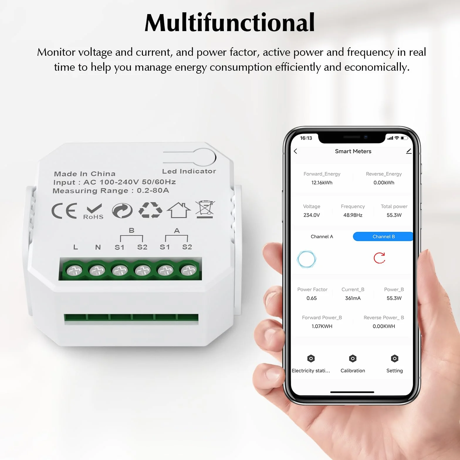 eMylo - Medidor de potencia WiFi de 2 canales 80 A + 80 A, monitor de potencia inteligente con amperímetro de abrazadera, WiFi de 2.4 GHz, monitoreo en tiempo real, aplicación Smart Life/TUYA,