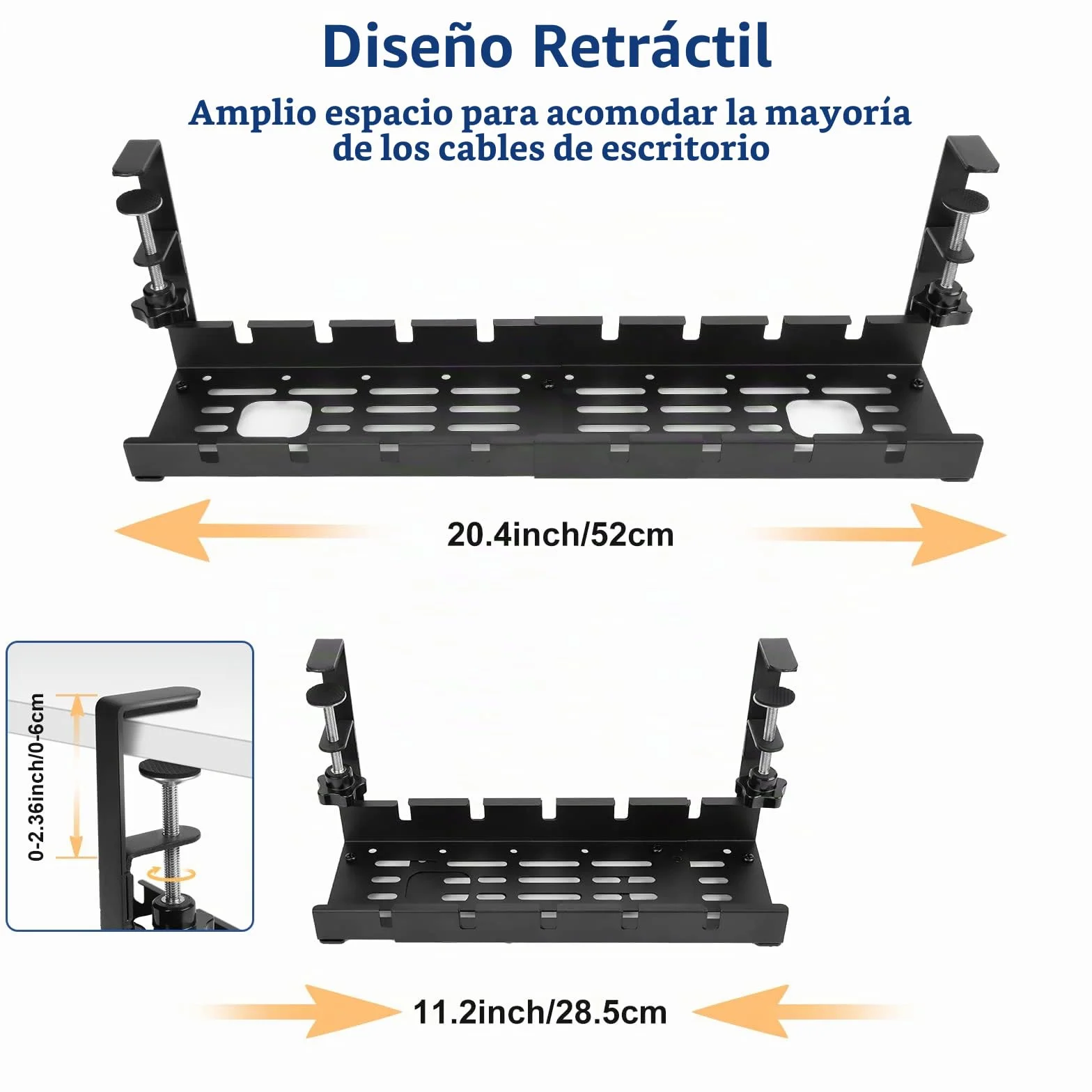 WADEO Estante de gestión de Cables Debajo del Escritorio 28-52 cm Organizador de Cables Extensible y Ajustable Sin taladrar Estante de gestión de Cables Juego de gestión de Cables con 148 Accesorios