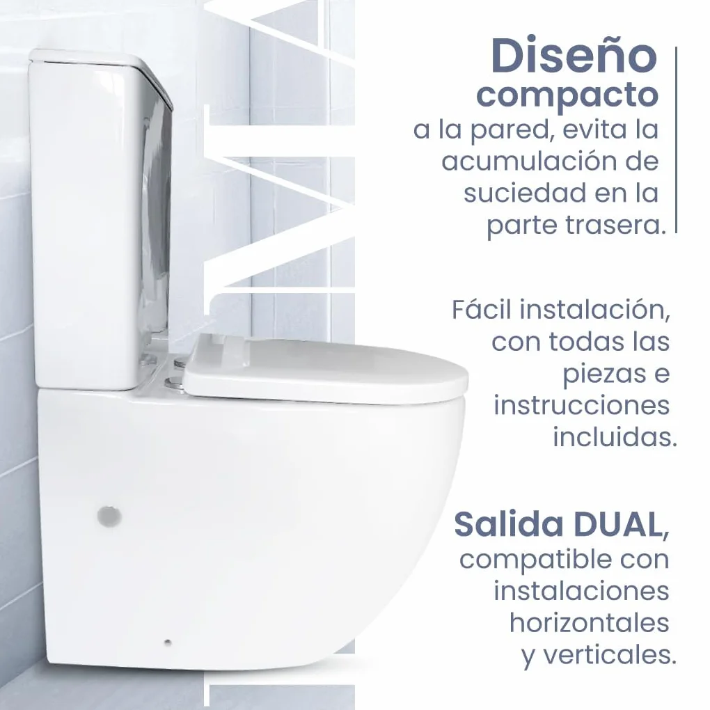 Inodoro Completo - WC Inodoro Completo con Sistema Rimless Antibacterias - Vater Baño con Tapa Dura Extrafina Amortiguada - Salida Dual Eficiente con Ahorro de Agua - WC para Hogar Blanco