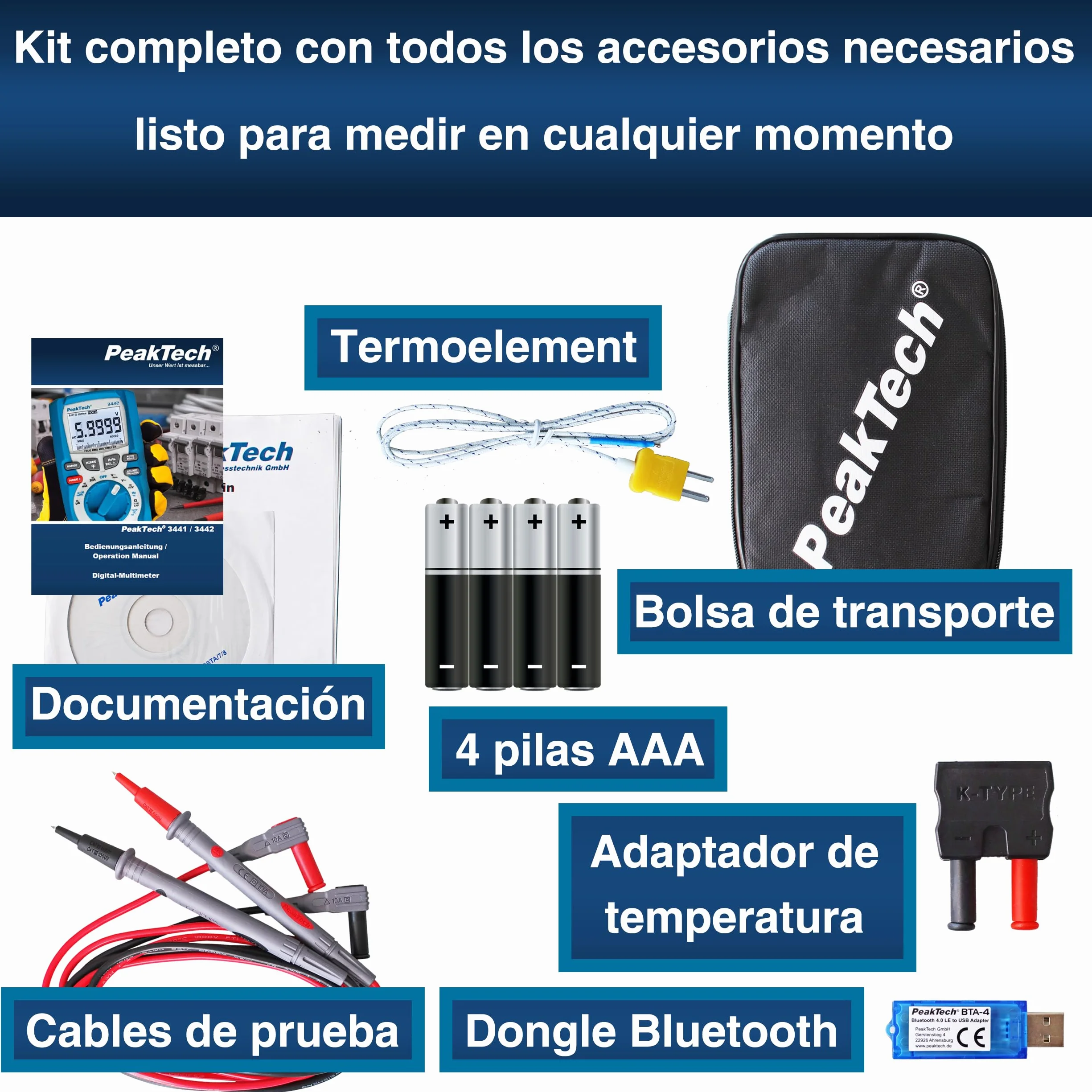 PeakTech 3442 - Multímetro Digital Rms con 60,000 Recuentos y Bluetooth 4.0, Multímetro Mano Profesional, Retención Automática, Tuv/Gs, Medidor Voltaje, Probador Continuidad - Cat III 1000V