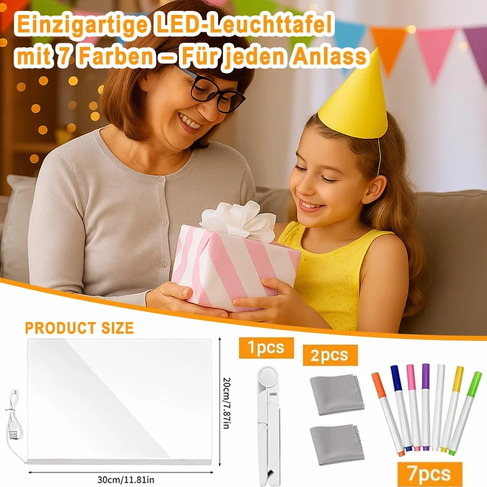 Pizarra LED Transparente Tablero de Mensajes Doodle Glow 7 Colores Bolígrafo Soporte Ajustable