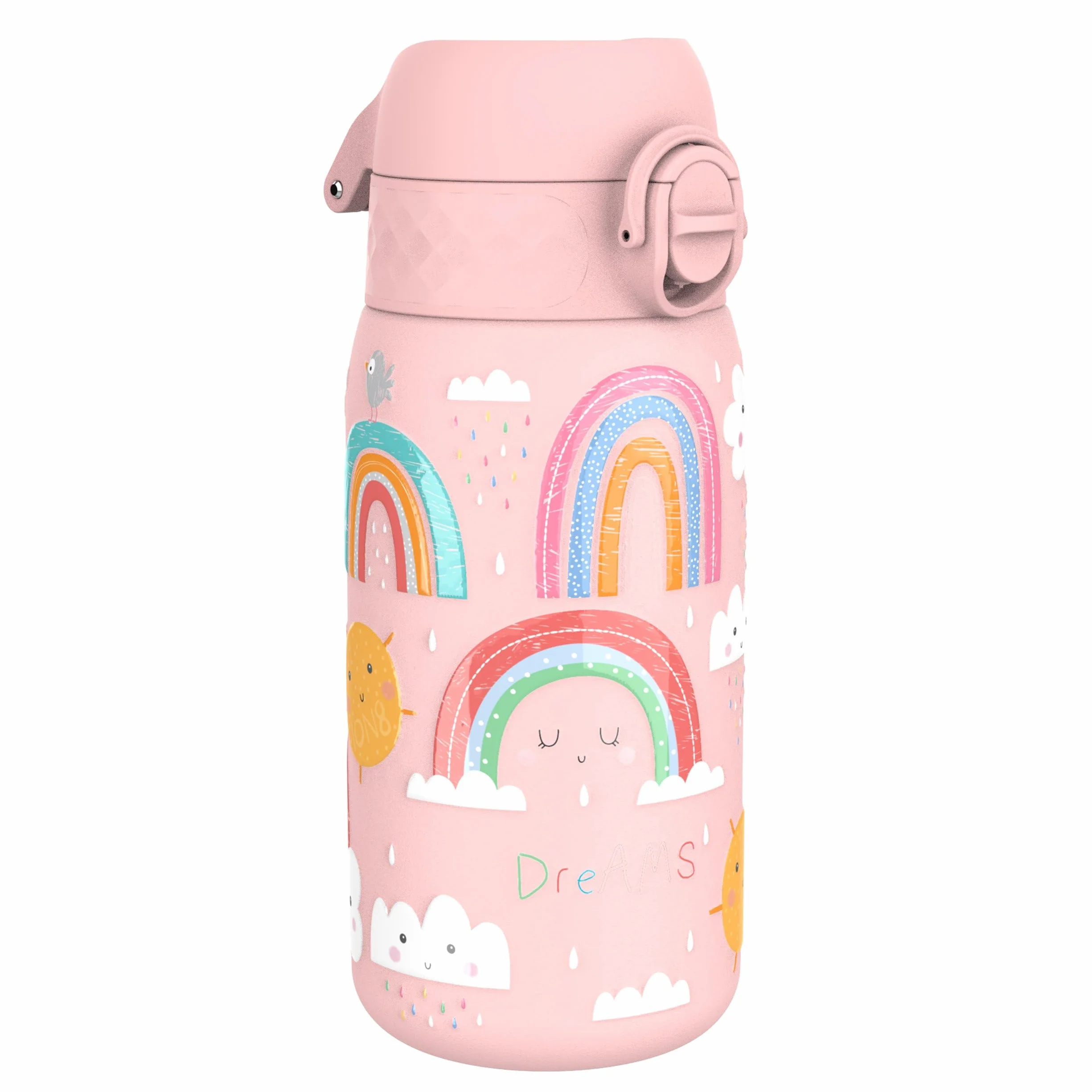 ion8 Botella Agua Inox Niños 400ml Sin Aislamiento Prueba Fugas Fácil Abrir Cerradura Segura Apta Lavavajillas Tapa Abatible Arcoíris