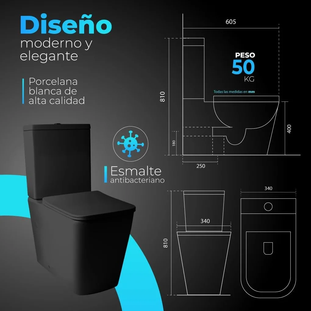 Inodoro Completo - WC Con Sistema Rimless Antibacterias - Vater Baño Con Tapa Dura Extrafina Amortiguada - Salida Dual - Para Hogar Color Negro
