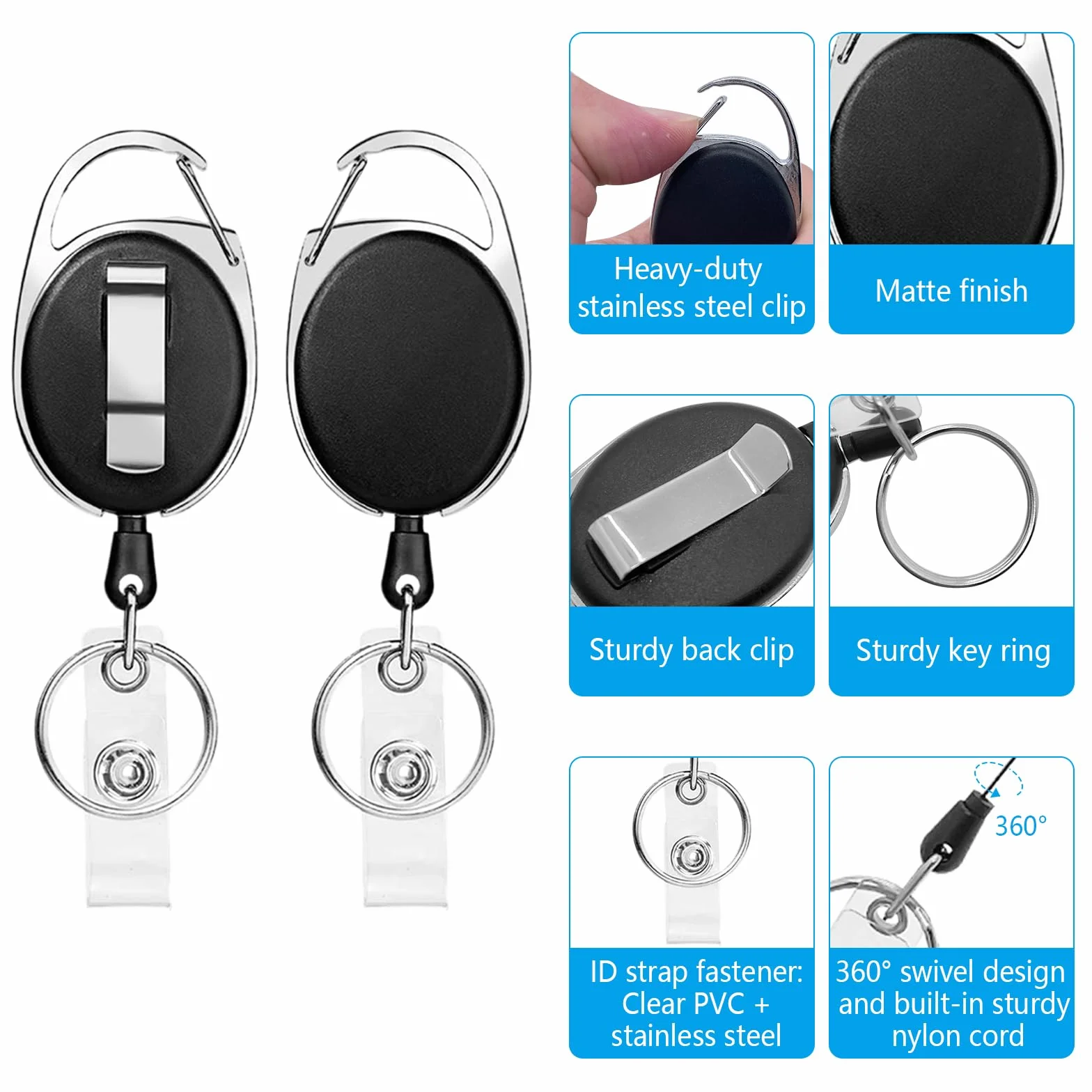 Llavero Retráctil con Clip 2 Unidades Extensibles Cordón Nylon para Tarjetas Identificación Llaves Negro