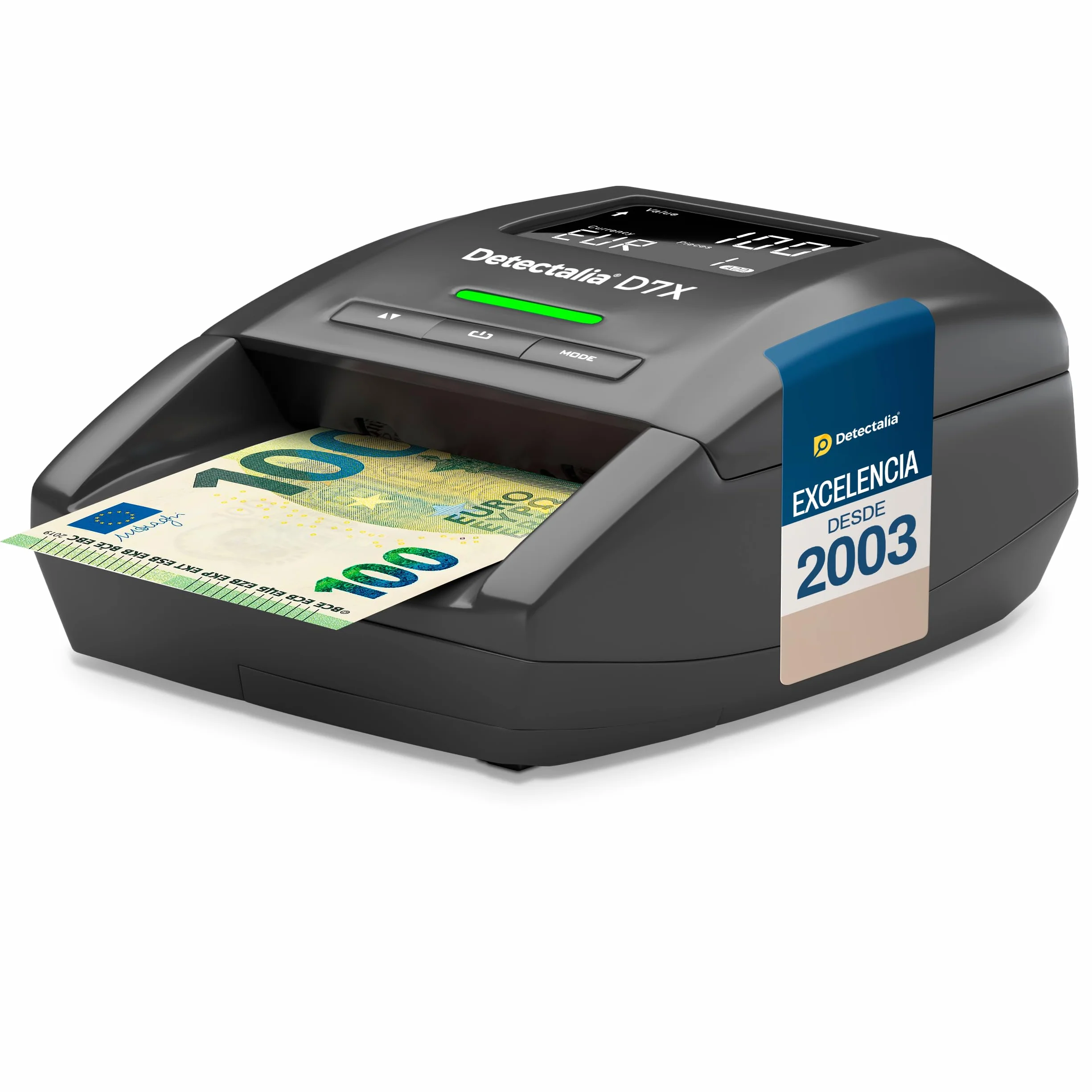 Detectalia D7X - Detector de billetes falsos con 7 sistemas de detección y 100% fiabilidad para 6 divisas EUR, GBP, CHF, PLN, CZK y SEK - 14 x 12 x 6 cm