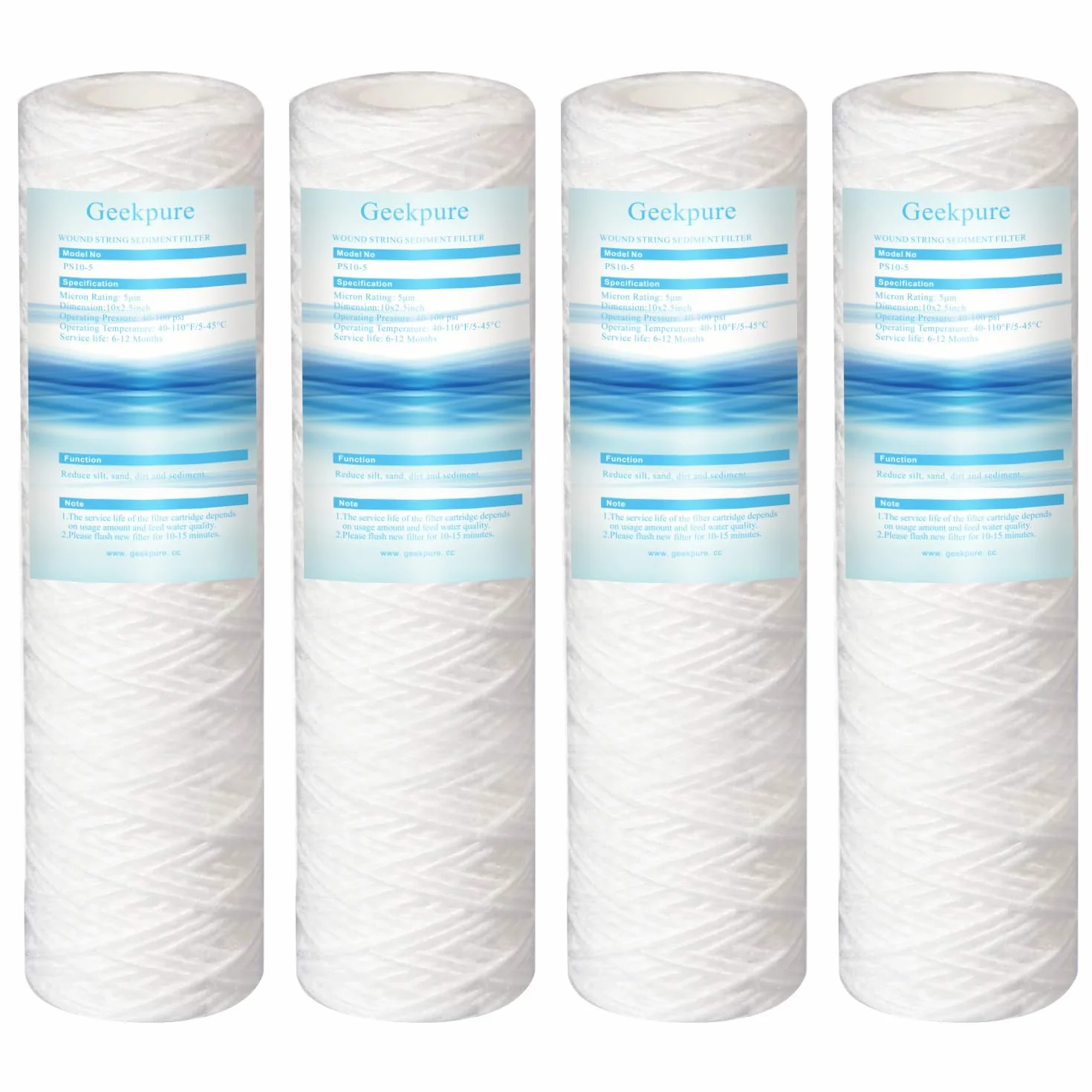 Geekpure Cartucho de filtro de agua de sedimentos de hilo enrollado de polipropileno de 2,5 x 10 pulgadas para eliminar el óxido de arena y sedimentos - 5 micrón, paquete de 4