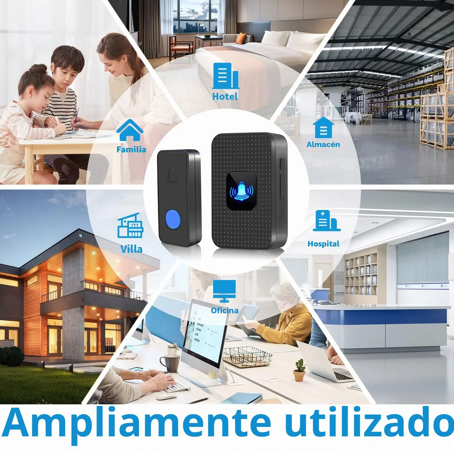 Nestling Timbre Inalámbrico, Kit Timbre Inalámbrico Exterior Impermeable IP55, Alcance 300m, 55 melodías, 5 Niveles de Volumen, LED Azul para Emergencias en el Hogar Oficina, Negro