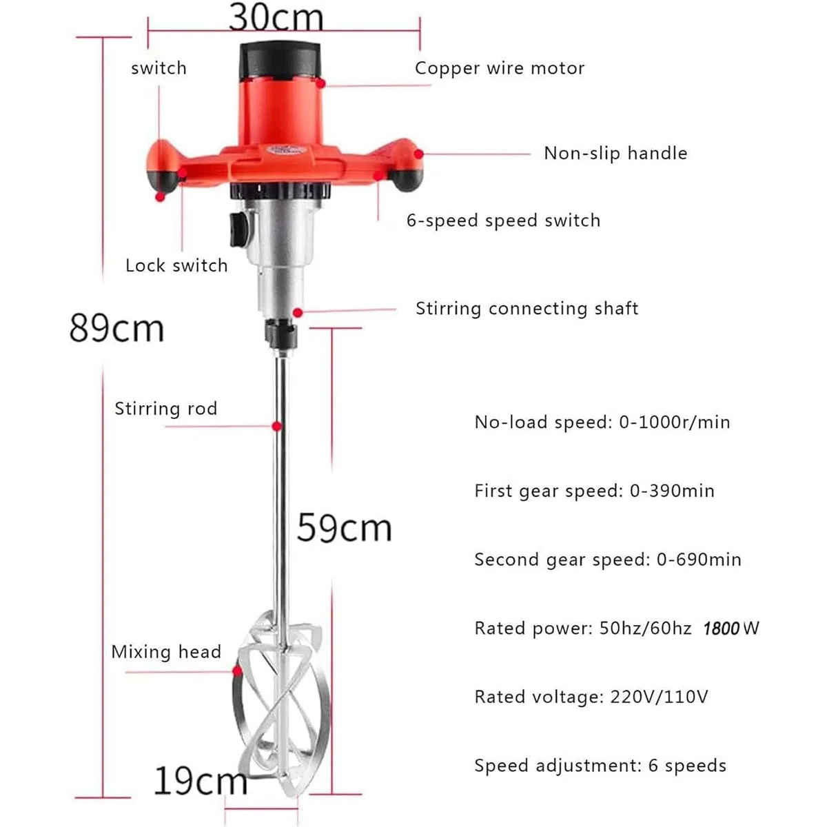 Mezclador De Cemento Eléctrico De Mano, Mezclador De Masilla Portátil De 6 Velocidades De 1800 W Con Diseño De Cráneo, Herramienta De Agitación Mezcladora De Taladro De Paleta Para Pintura, Cemento