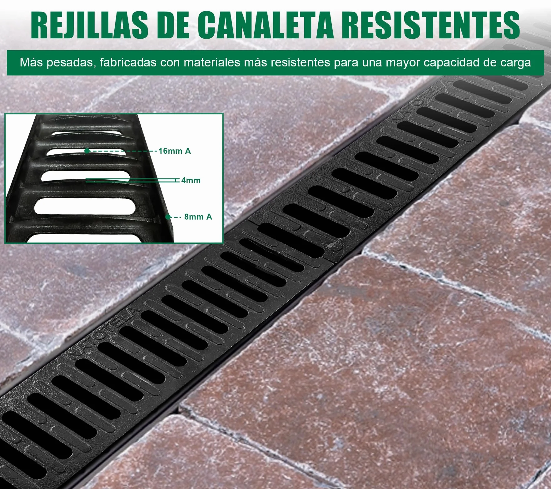 1m Canalón de drenaje con rejilla de fundición B125 GJS soporta hasta 12,5 t - 500 x 140 x 100 mm - Canalón de suelo para drenaje para garaje, entrada de patio, estacionamiento - Resistente a