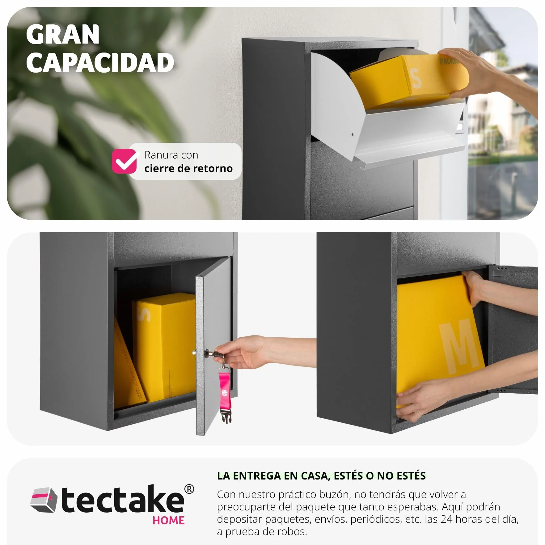 tectake® Buzón Exterior XXL, Buzón para Paquetes y Cartas, Cerradura de Cilindro Antirrobo con 2 llaves, Buzón Correos Premontado, Chapa de Acero, Robusto, Espacioso, 44x22x82 cm, Entrega sin Contacto