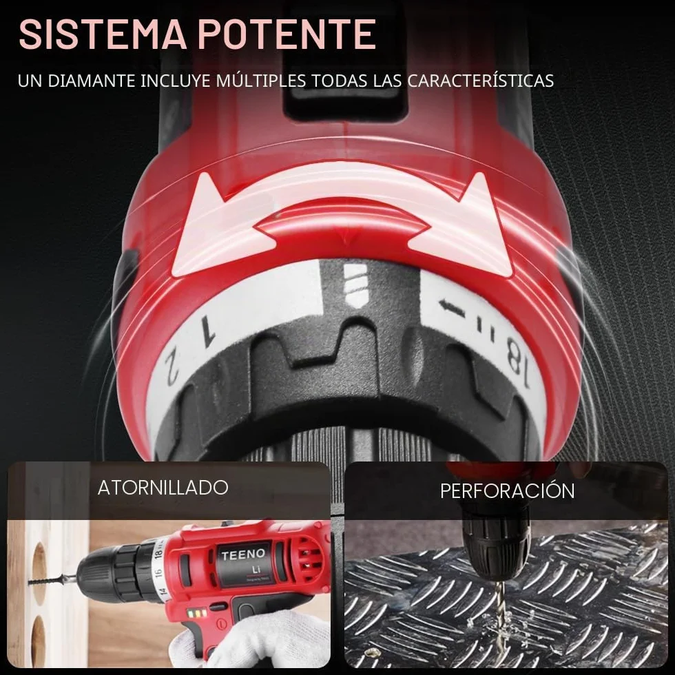 Taladro atornillador inalámbrico TEENO 21V, equipado con 1 batería de 1,5Ah, par de 35Nm, ajuste de 18+1 niveles, 2 velocidades y luz LED, ideal para proyectos de bricolaje.