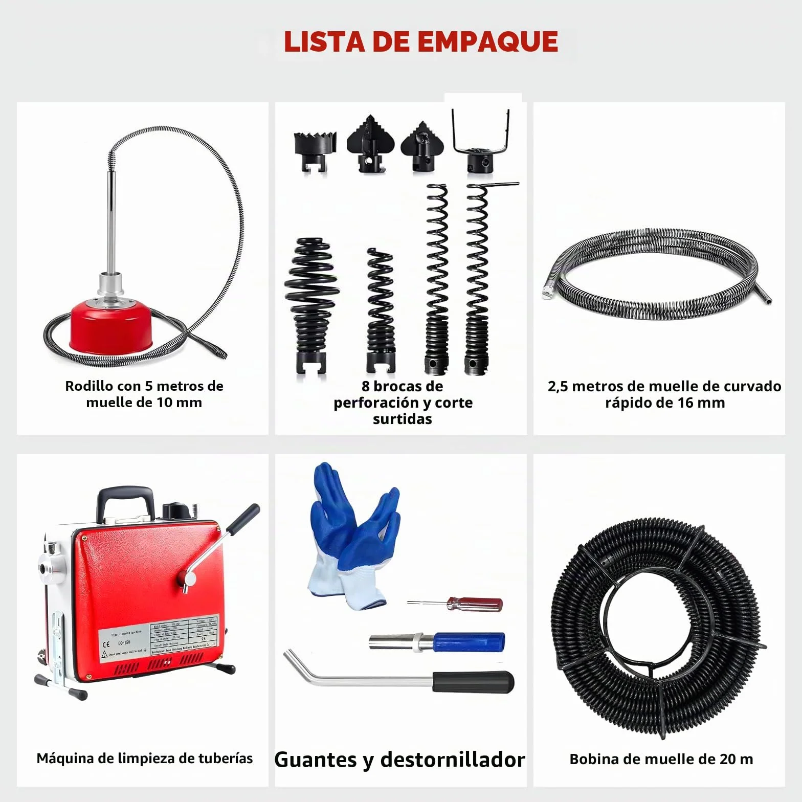 850W Máquina de Limpieza de Tuberías, Limpiador de Desagües Eléctrico de 400 rpm, Desatascador Eléctrico de Tuberías con Espirales de 16mm y 10mm Adecuado para Tubos de Ø20-100mm 20M Spiralen