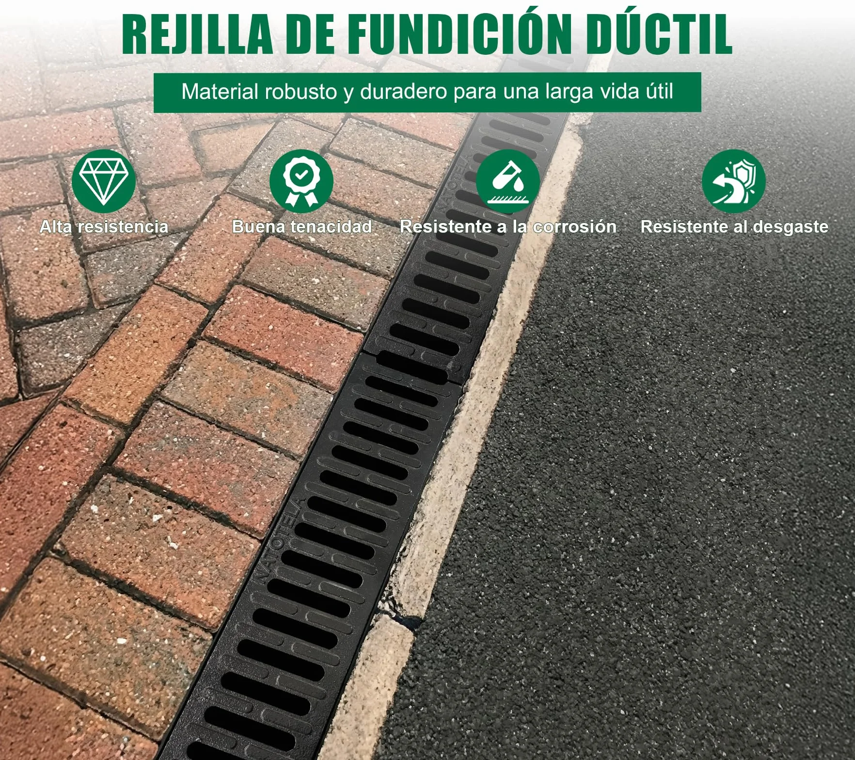 1m Canalón de drenaje con rejilla de fundición B125 GJS soporta hasta 12,5 t - 500 x 140 x 100 mm - Canalón de suelo para drenaje para garaje, entrada de patio, estacionamiento - Resistente a