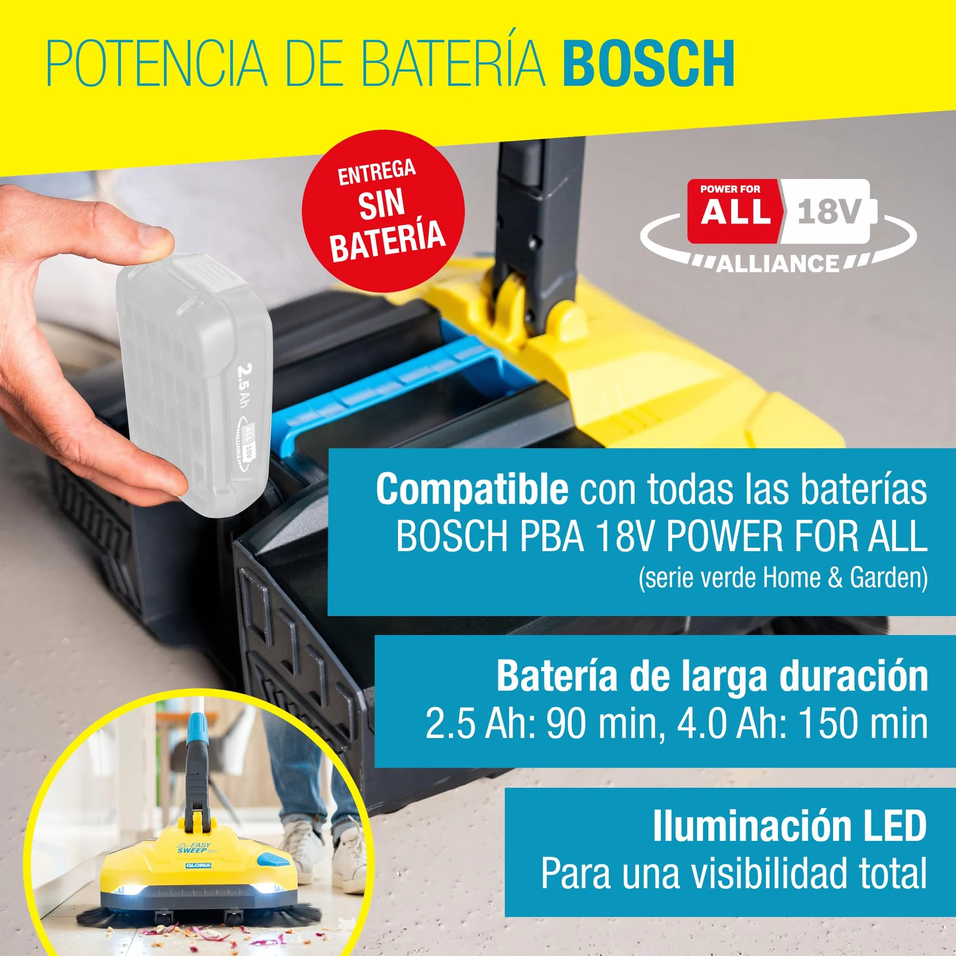 GLORIA Barredora de batería EasySweep 18V | Escoba eléctrica inalámbrica para interior y exterior | Entradas, aceras, terrazas, garajes y hojas | Compatible con Batería BOSCH 18V (no incluida)