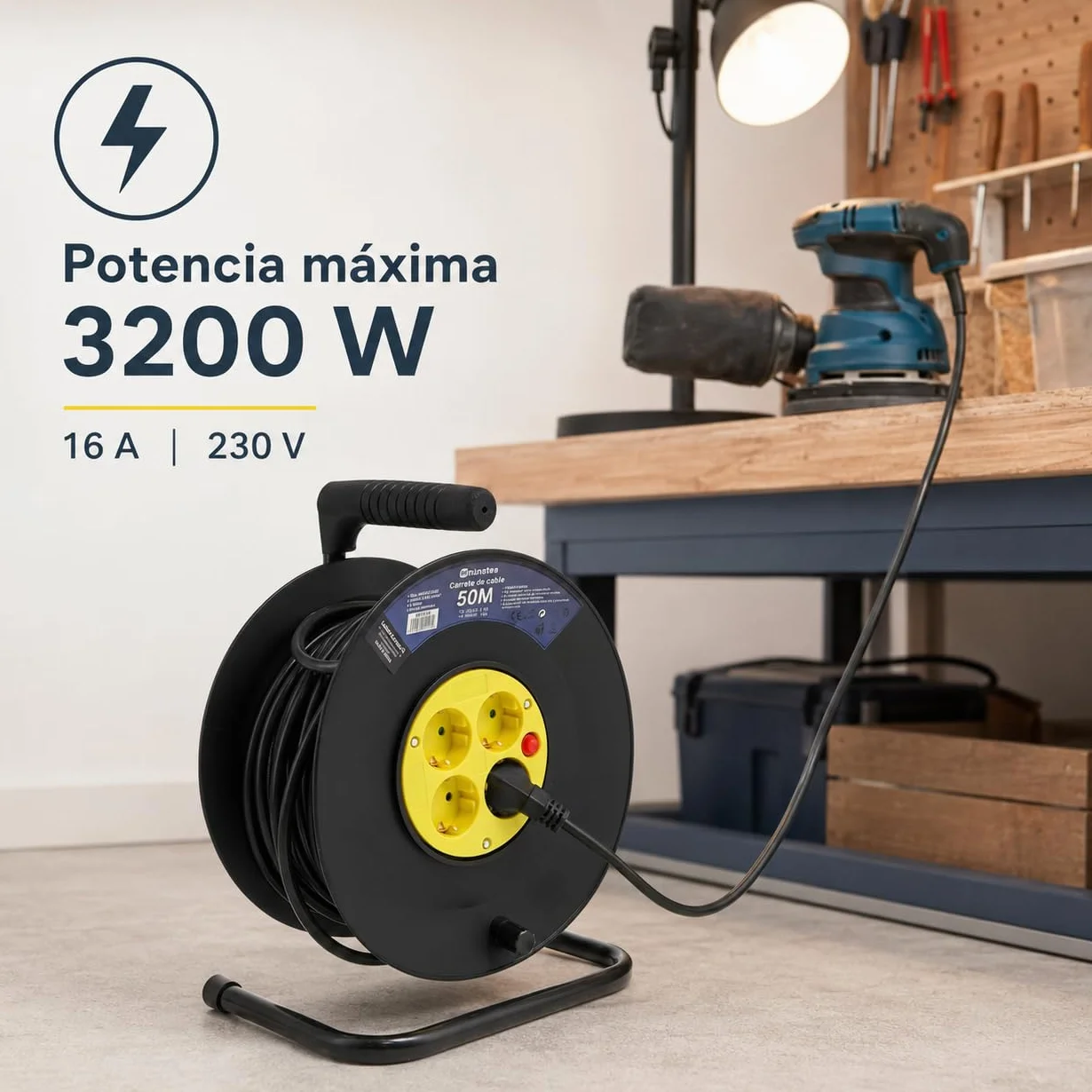 M mimotec - Enrollacables Exterior 50 Metros 4 Tomas 3200W 16A | Cable H05VV-F 3x1,5 mm² | Carrete Eléctrico con Protección Infantil | Alargador para Jardín, Garaje, Taller y Hogar