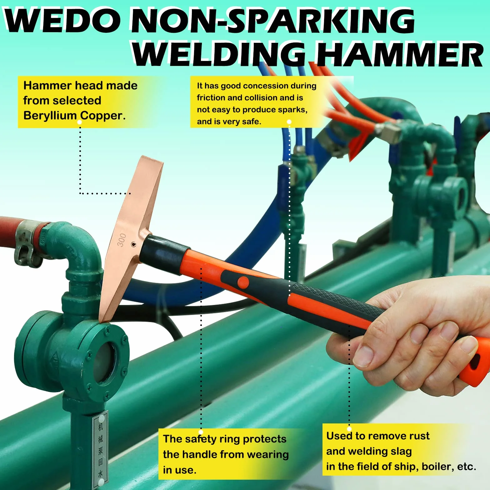WEDO Sin Chispas Piqueta soldador profesional de 300g,Fibra de Vidrio,Largo 280mm,cobre berilio,antimagnético,Certificados Bam y FM,Certificación GS,Ideal para Quitar Sobrante de Soldadura