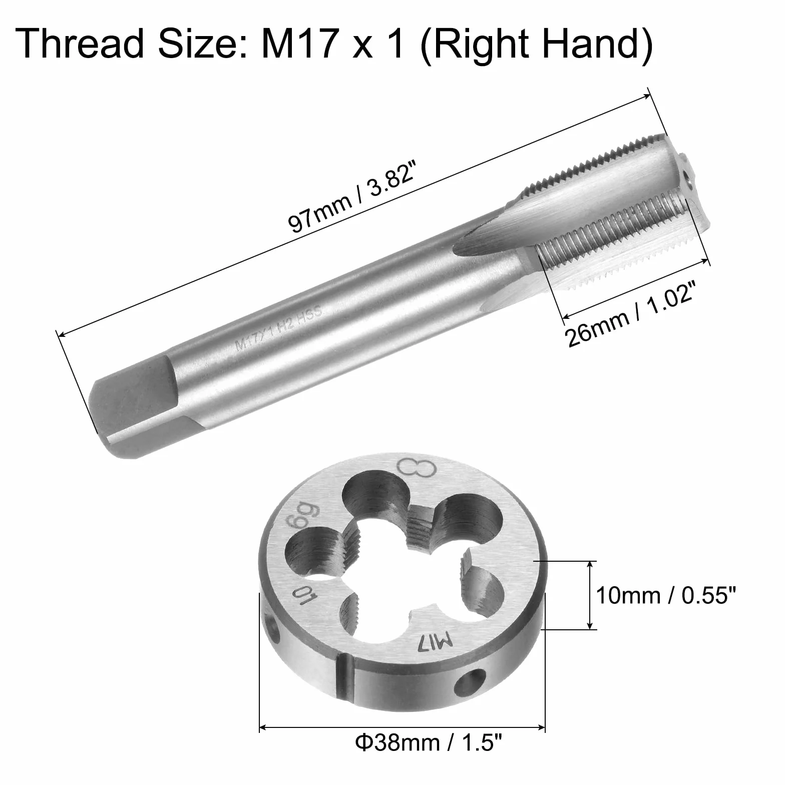 QUARKZMAN Juego de 2 Piezas de Machos y Terrajas, Macho de Rosca Métrica M17 x 1 y Terraja Redonda, Herramienta de Roscado y Roscado para Reparación de Tuercas y Tornillos
