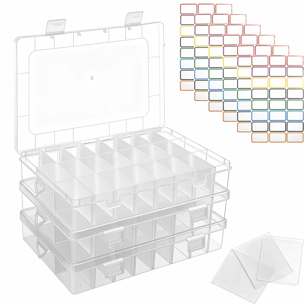 Caja Organizadora Plastico Transparente 24 Compartimientos Ajustables Apilable con Tapa para Joyas Tornillos Cuentas