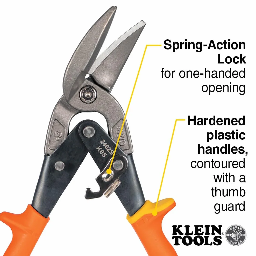 Klein Tools 2402S Tijeras de corte recto, tijeras de hojalata de aviación con hoja forjada para corte de chapa de precisión