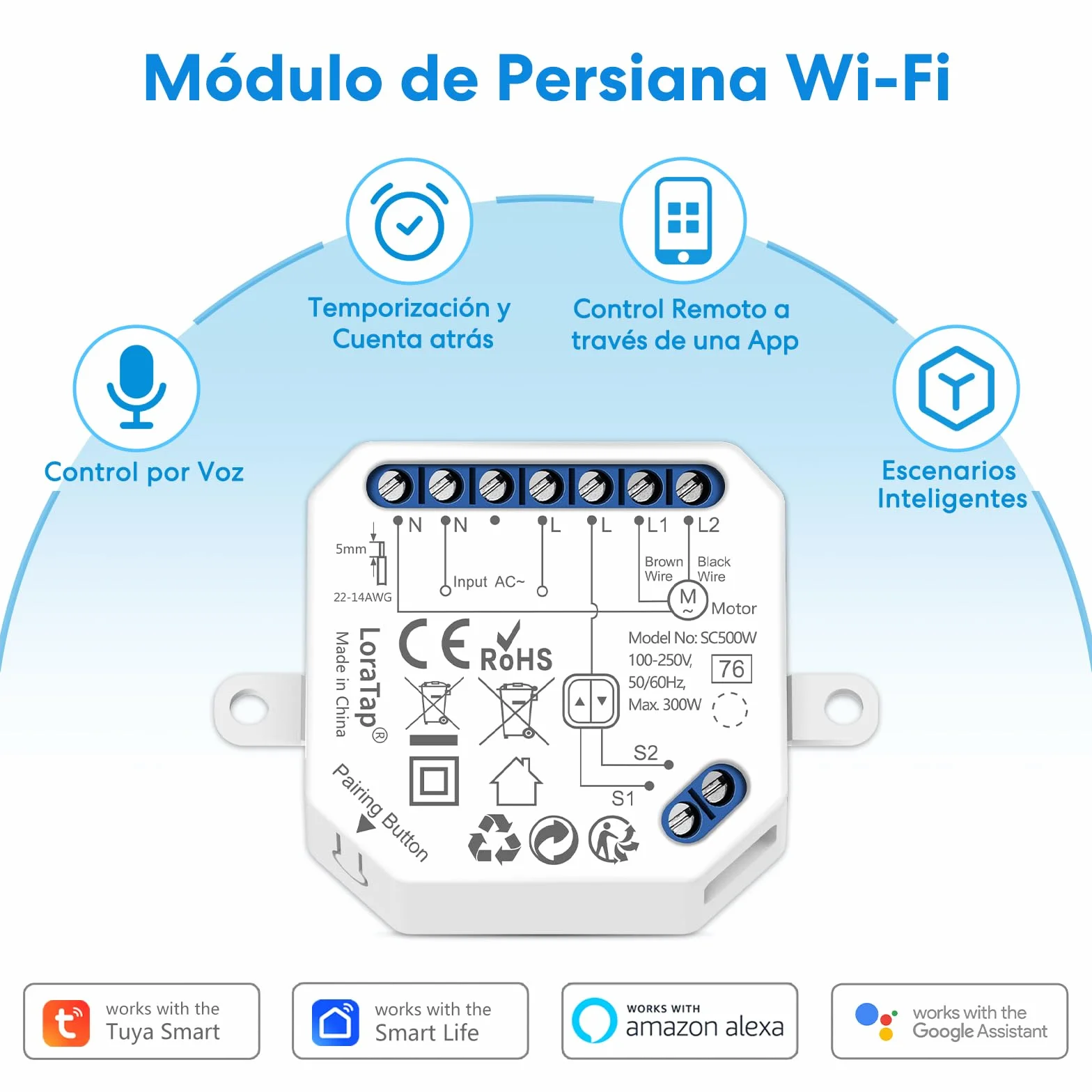 LoraTap Interruptor Persianas WiFi, 4 Piezas Relé de Persiana Temporizador Inteligente para Cortina Eléctrica, Control Remoto por Teléfono, Compatible con Alexa y Google Home para Control de Voz, 300W