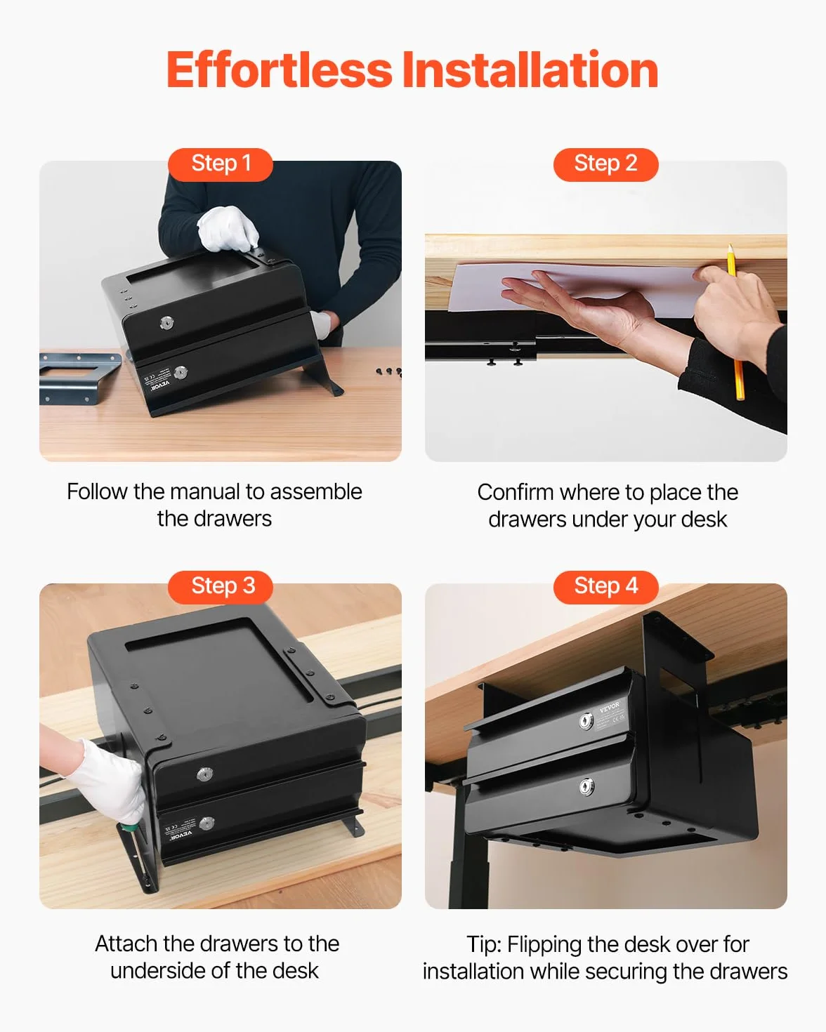 VEVOR Cajones Deslizables Debajo del Escritorio con Cerradura 2 Capas 365 x 335 x 250 mm