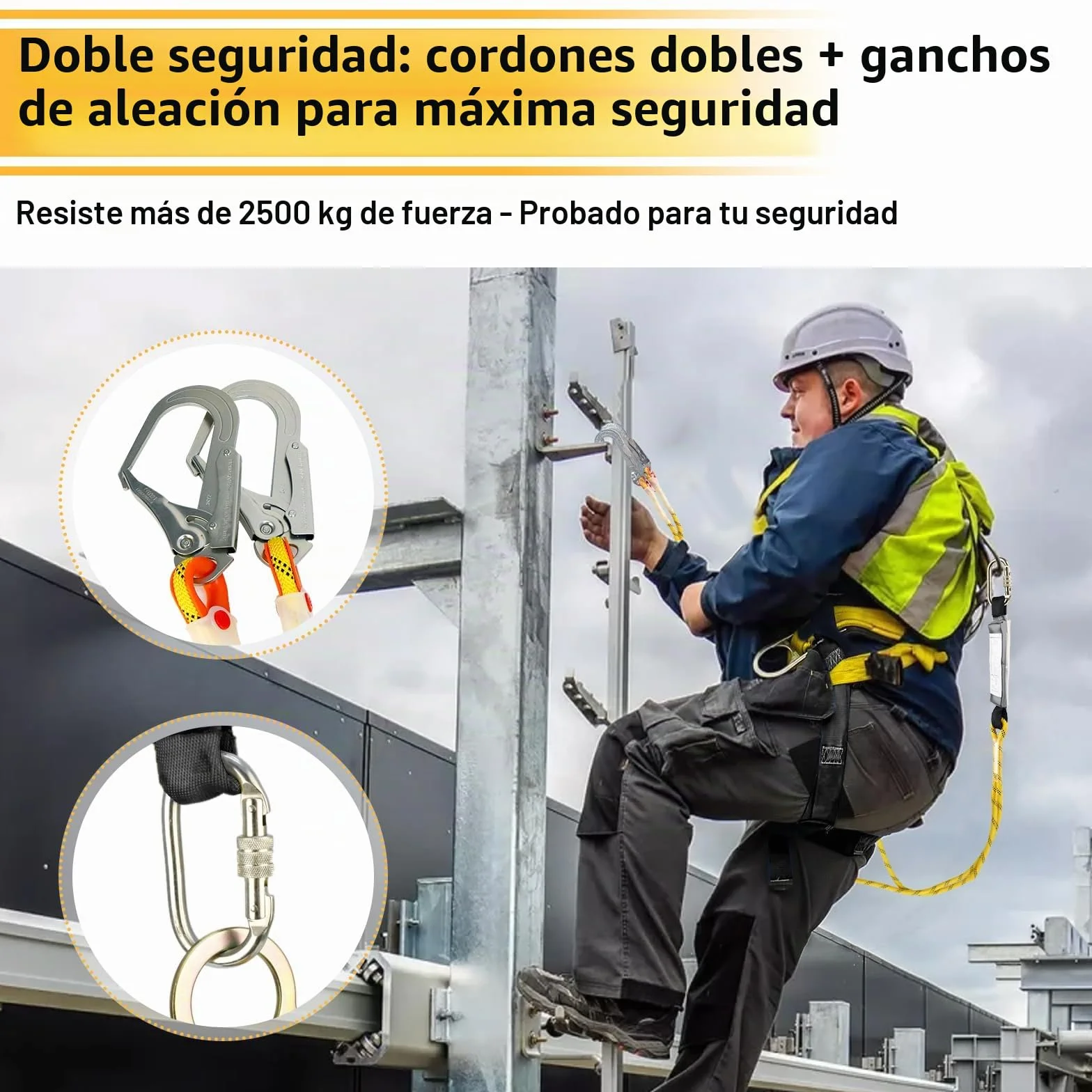 JAOGAUS Arnés de seguridad anticaídas doble cuerda ganchos ajustable 100 kg EN 361/354/355