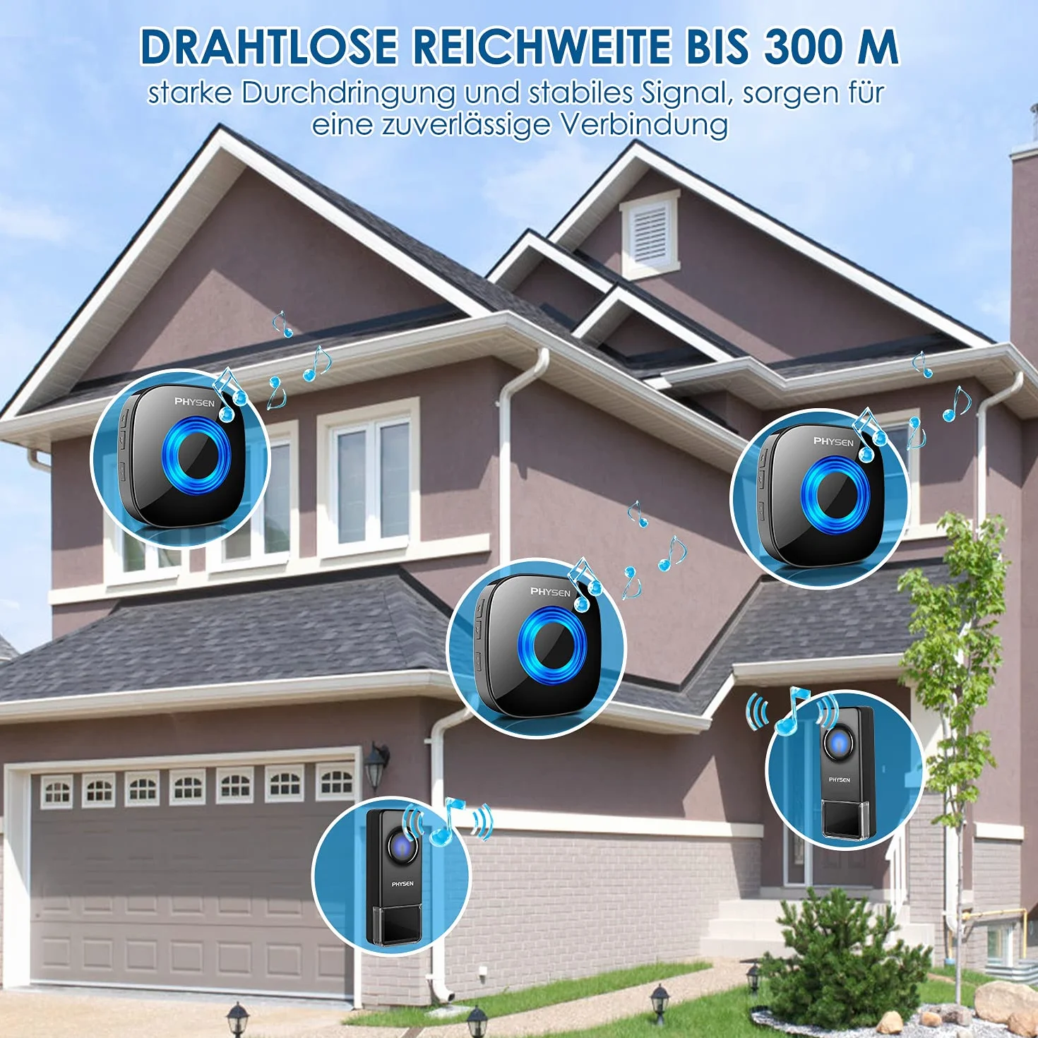 PHYSEN Timbre Inalámbrico Exterior Impermeable IP55, 400M Alcance Doorbell, Kit de Timbre con 3 Receptor + 2 Transmisor, 58 Melodías 5 Niveles de Volumen (0-110dB), Indicador LED, Fácil Instalación