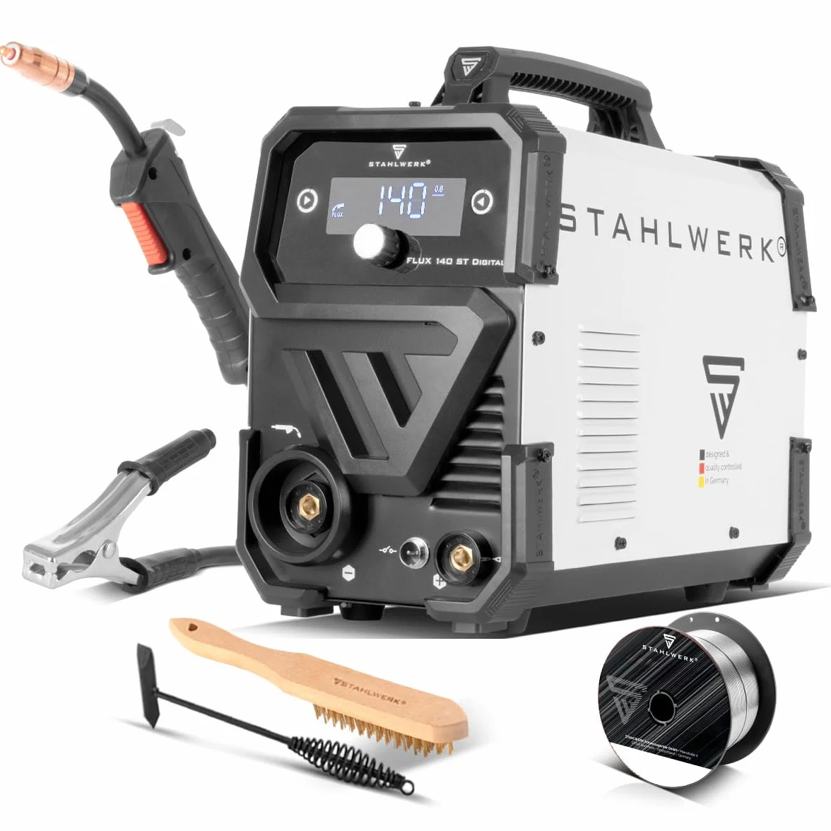 STAHLWERK Soldadora FLUX 140 ST Digital – Soldadura con hilo hueco sin gas protector hasta 140 A, compacta, avance de hilo sinérgico, luz LED integrada, función Lift-TIG & MMA (Electrodo/ARC), IGBT