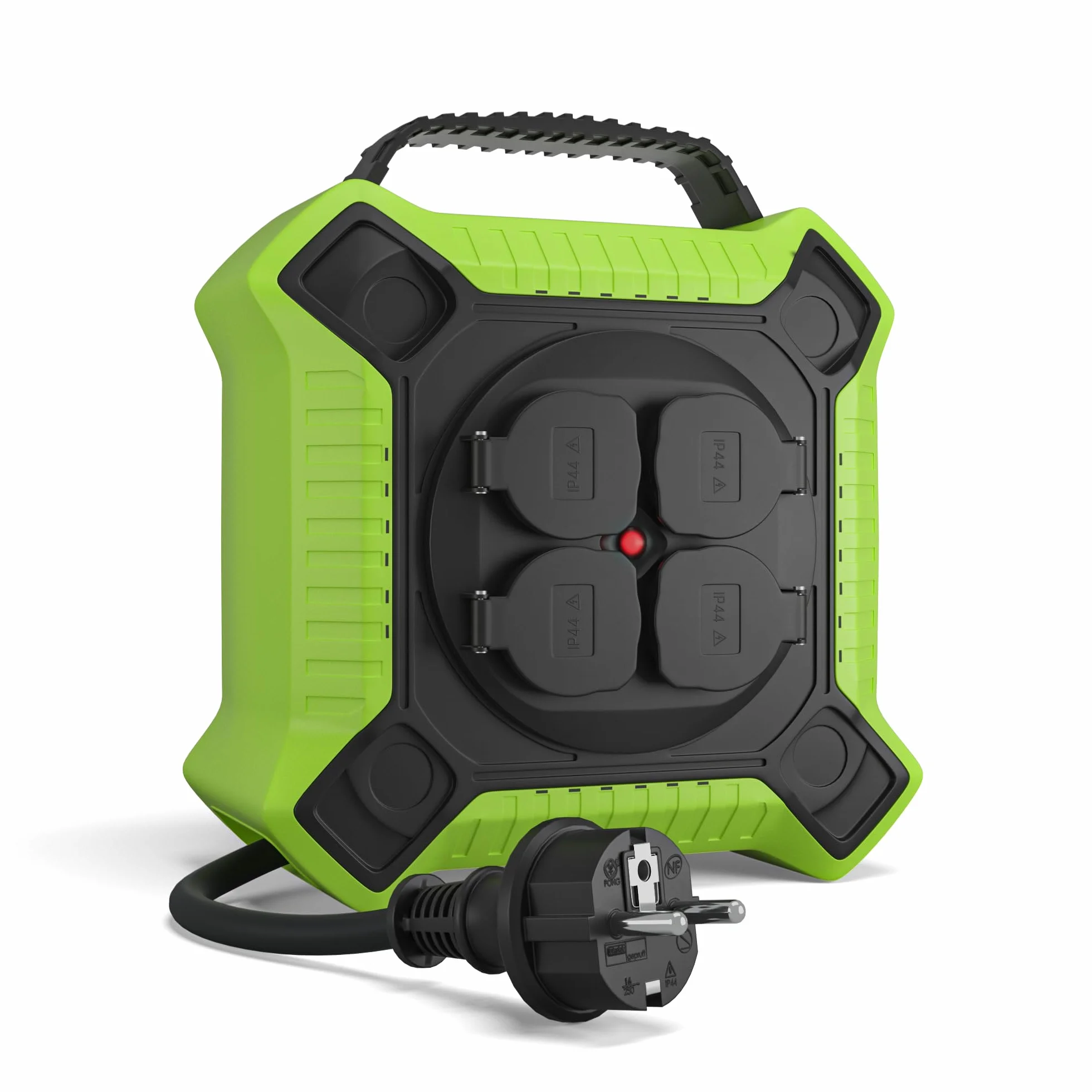 MutecPower Alargadera 10 metros IP44 enrollacables 10m enrollador de cable para exteriores con 4 tomas schuko de corriente protegidas, alargador H05RR-F 3G1,5 Negro/Verde