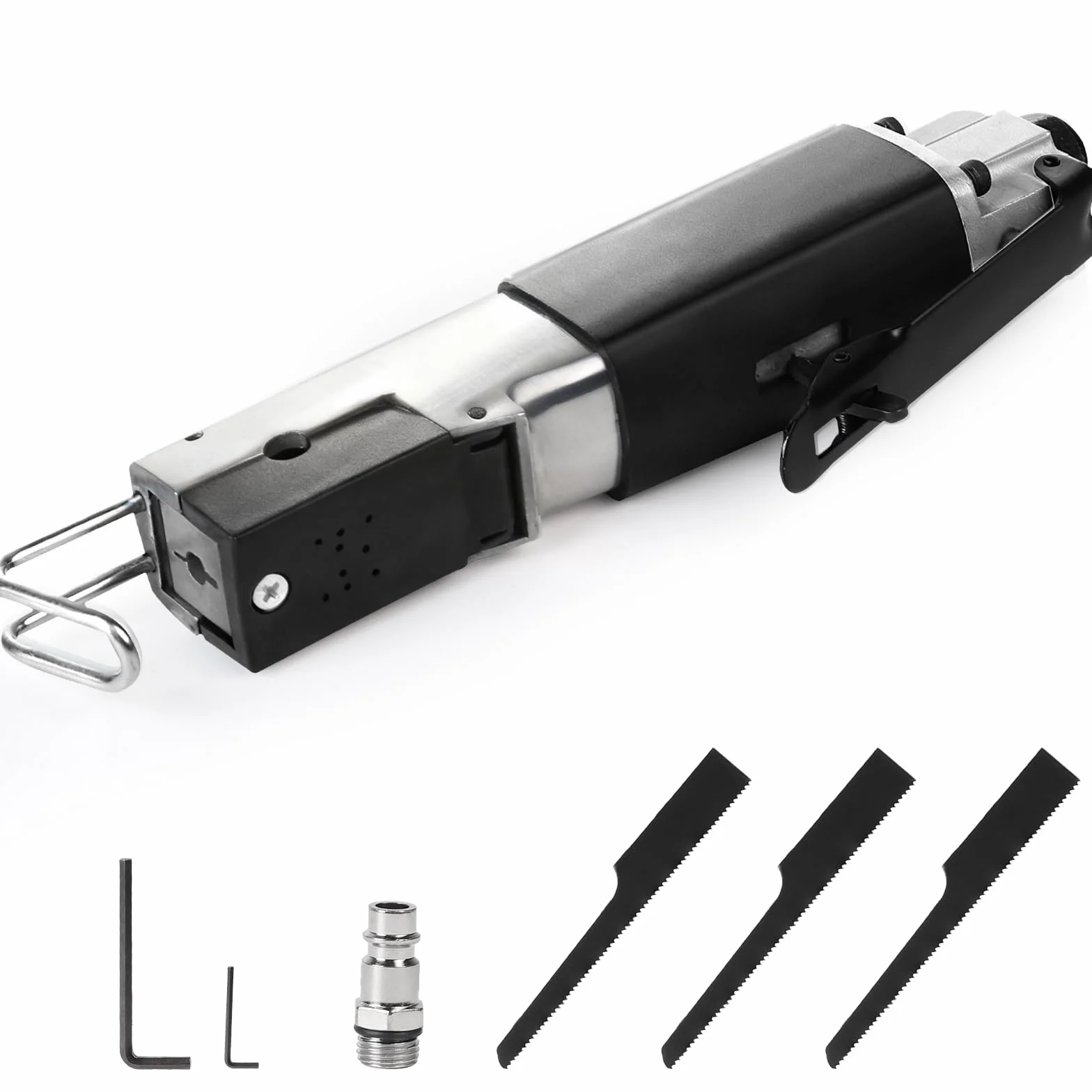 DBREAKS Sierra Recíproca Neumática de Aire para Carrocería con 3 Hoja de sierra 18T 24T 32T, Mini Sierra de Aire Neumática, Conexión de aire comprimido de 1/4", 90PSI, 9000BPM, 6 Bar