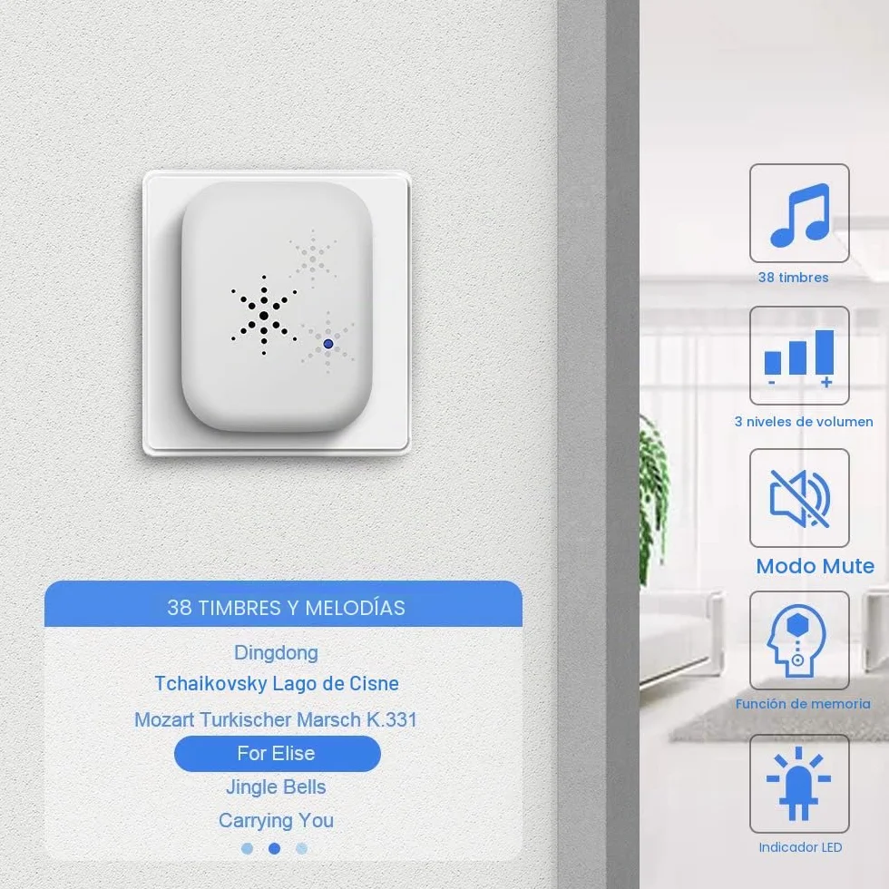 Timbre Inalámbrico sin Pilas, PDGROW Timbres Inalámbricos Impermeable Autoalimentado, 150M de Alcance, con 4 Niveles de Volumen, 38 Melodías, Indicadores LED
