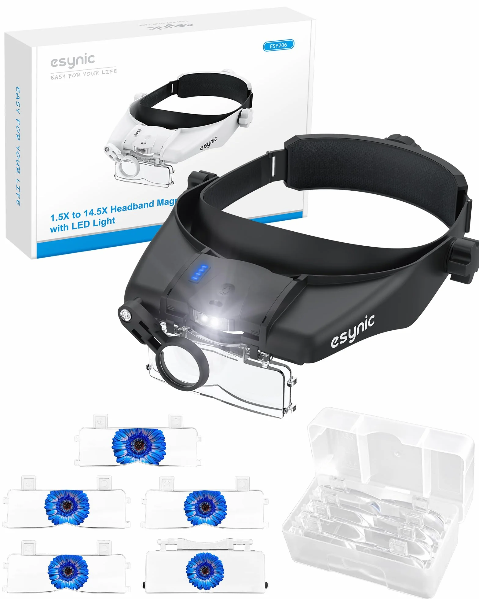 eSynic Gafas de Lupa Recargable con Luz Lupas de Gran Aumento 1.5X-13X con 5 Lentes Ajustable Gafas de Aumento Lupa con Control Táctil e Indicador de Batería para Manualidades,Leer,Coser,Joyería