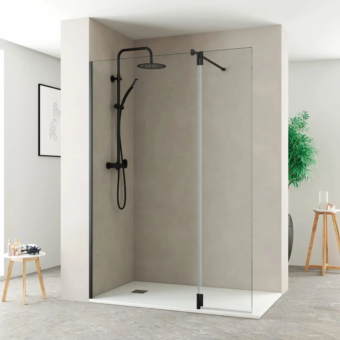 Puerta de Ducha Abatible de 35cm para Completar Fijo de Ducha | Panel de Ducha Abatible de Protección Pivotante de 35cm para hacer más Grande un Fijo de Ducha Ya Instalado | Negro Mate
