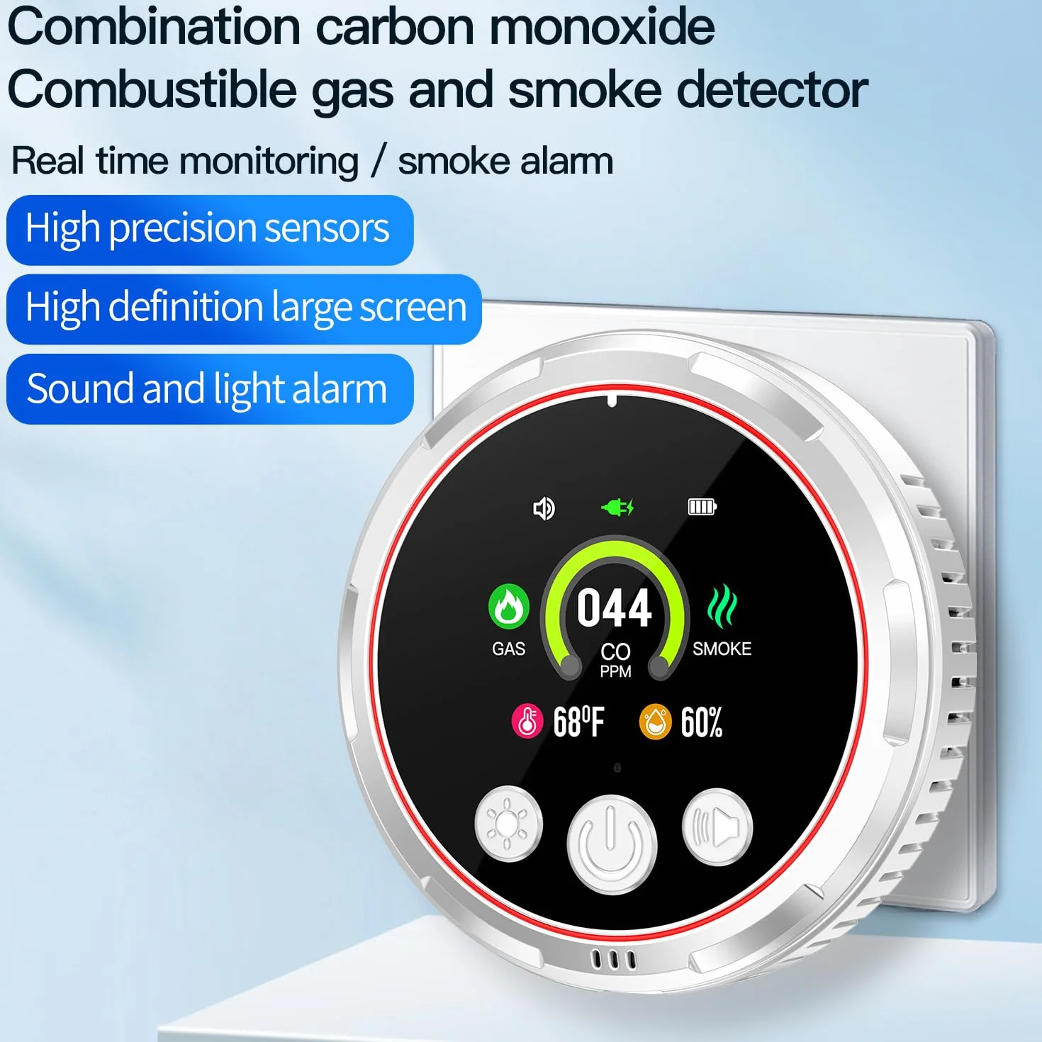 Plug-in 5-en-1 Detector de Humo & Monoxido de Carbono & Combustible Gas Combinación con Batería de Respaldo 1000mAh & HD Pantalla [CO Humo Gas Humedad Temp Alarma] Blanco, HD13-CGS