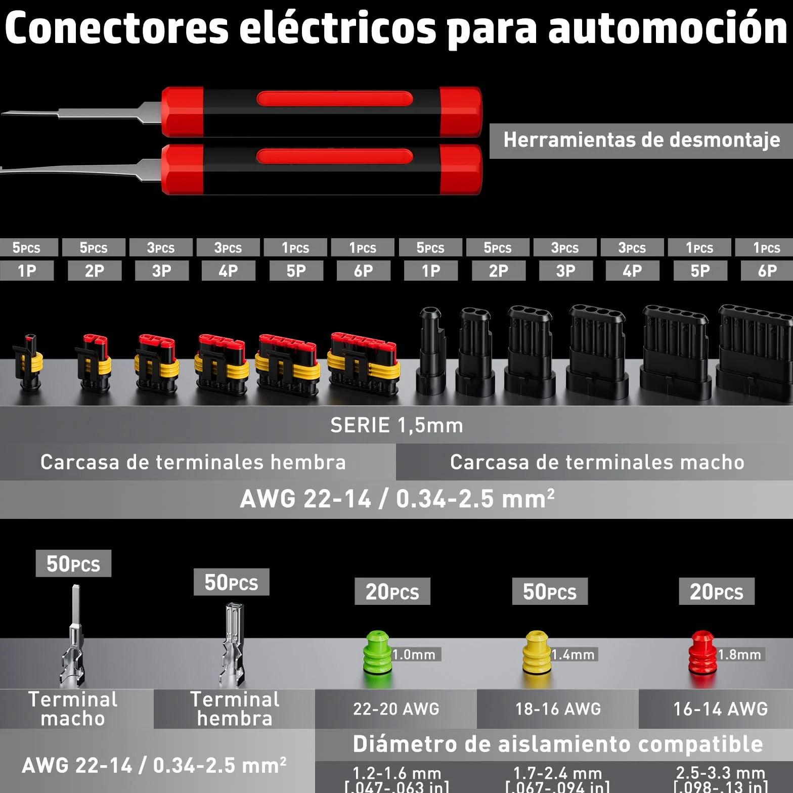 PEBA kits Enchufe de Conector Electrico Impermeable, 1/2/3/4/5/6 pin Clavija Conectores de Eléctrico de Macho y Hembra, con Herramienta de Crimpado, Conector Sellado para Automóviles, Moto, Barcos